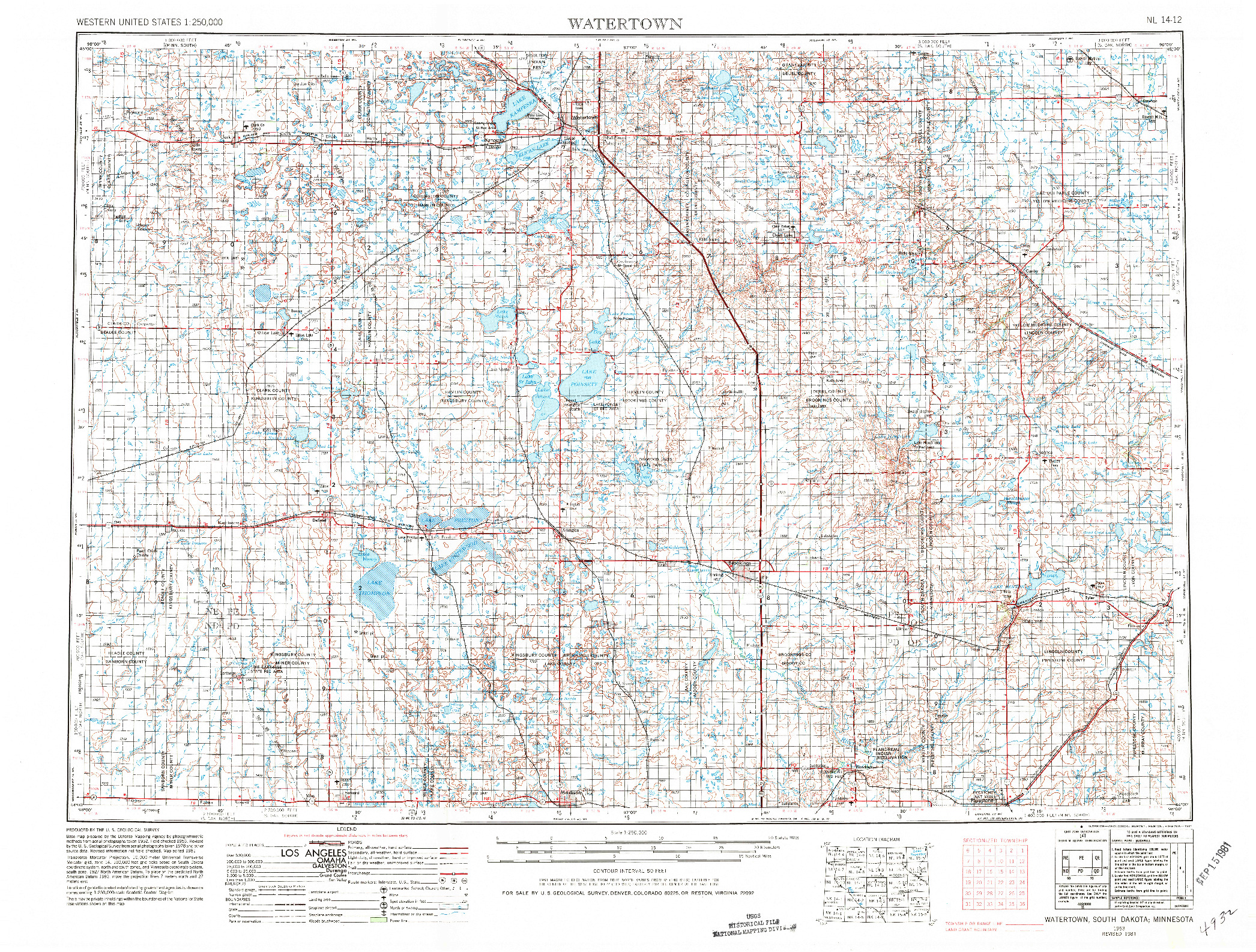 USGS 1:250000-SCALE QUADRANGLE FOR WATERTOWN, SD 1953