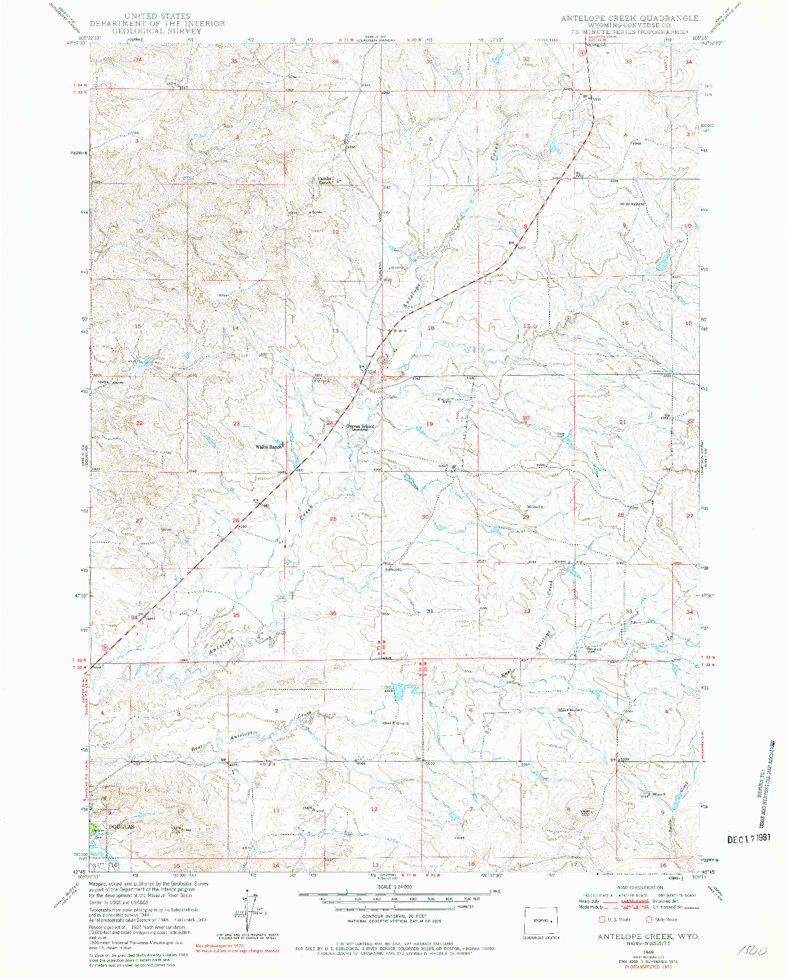 USGS 1:24000-SCALE QUADRANGLE FOR ANTELOPE CREEK, WY 1949