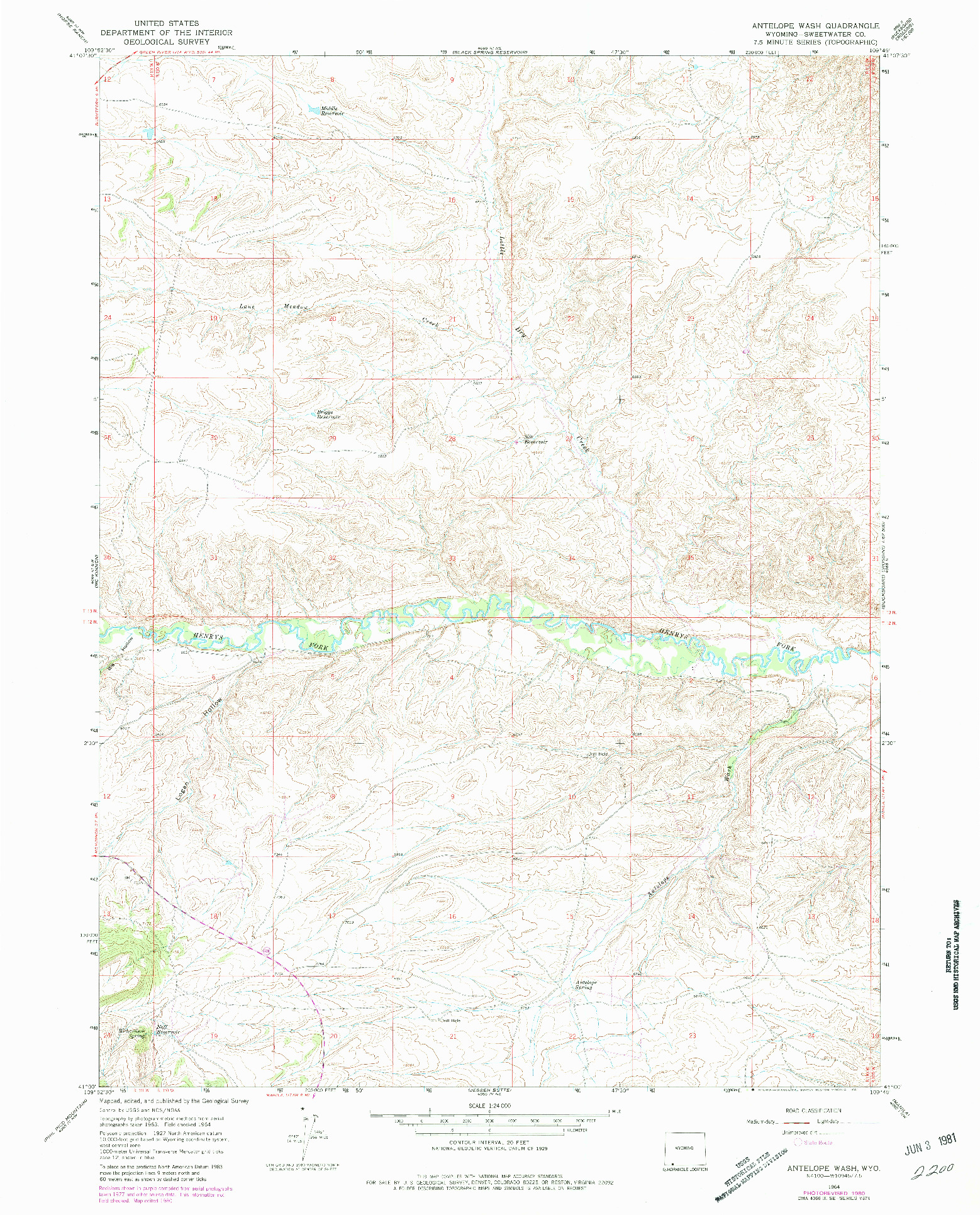 USGS 1:24000-SCALE QUADRANGLE FOR ANTELOPE WASH, WY 1964