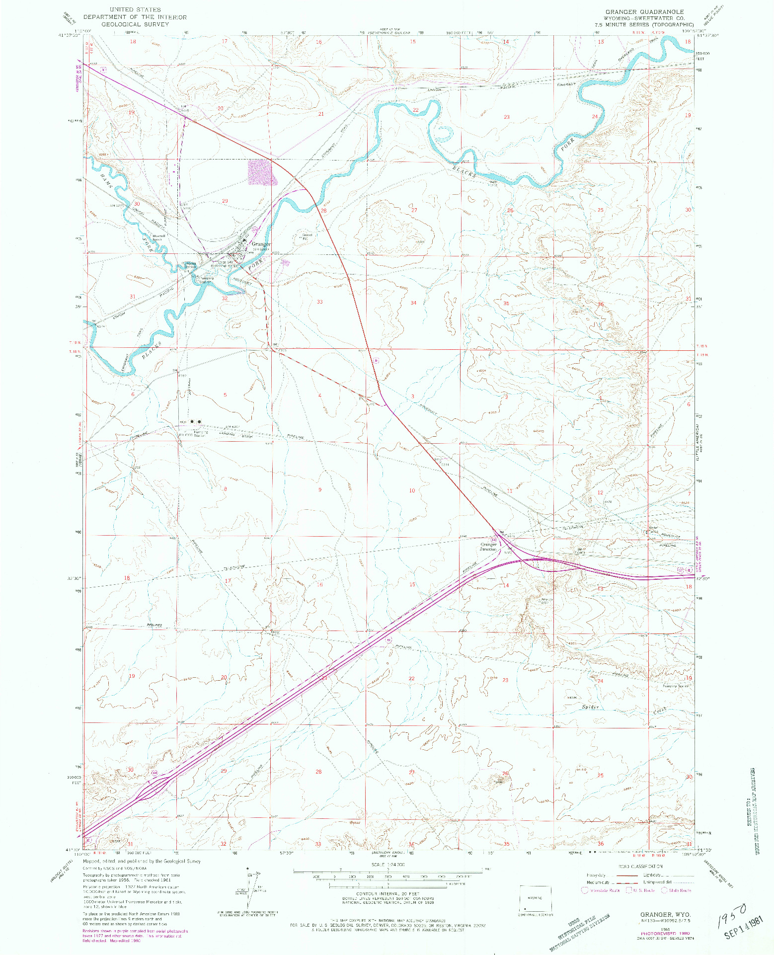 USGS 1:24000-SCALE QUADRANGLE FOR GRANGER, WY 1961