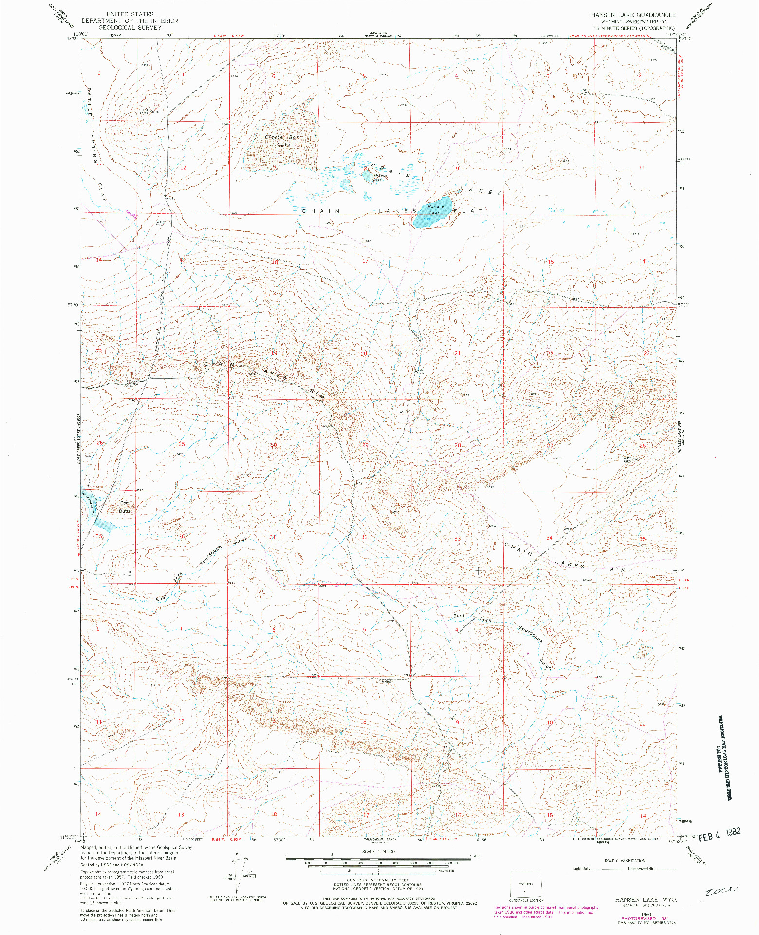 USGS 1:24000-SCALE QUADRANGLE FOR HANSEN LAKE, WY 1960