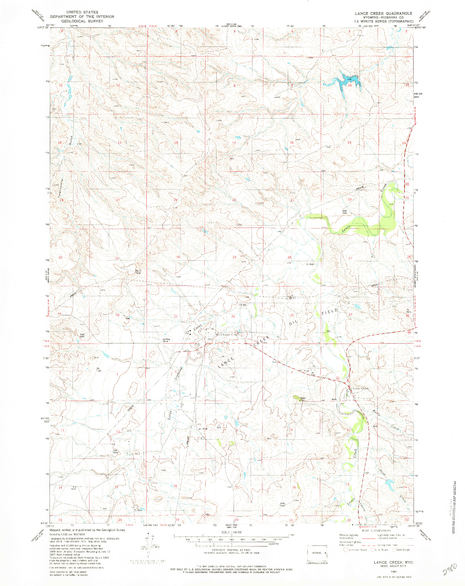 USGS 1:24000-SCALE QUADRANGLE FOR LANCE CREEK, WY 1981