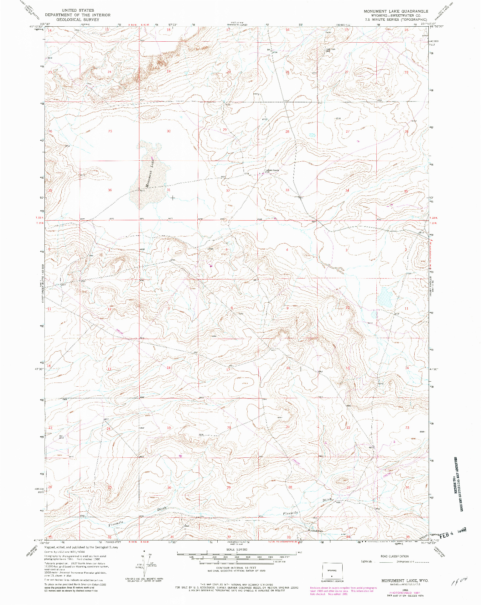 USGS 1:24000-SCALE QUADRANGLE FOR MONUMENT LAKE, WY 1966