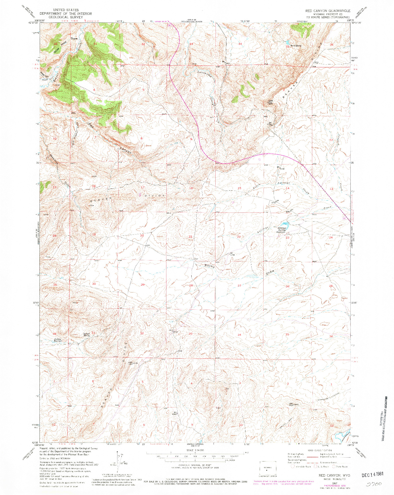 USGS 1:24000-SCALE QUADRANGLE FOR RED CANYON, WY 1957