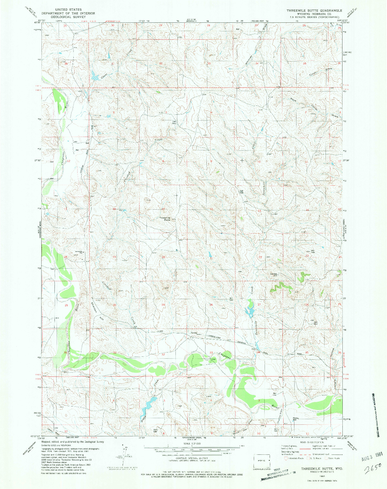 USGS 1:24000-SCALE QUADRANGLE FOR THREEMILE BUTTE, WY 1981