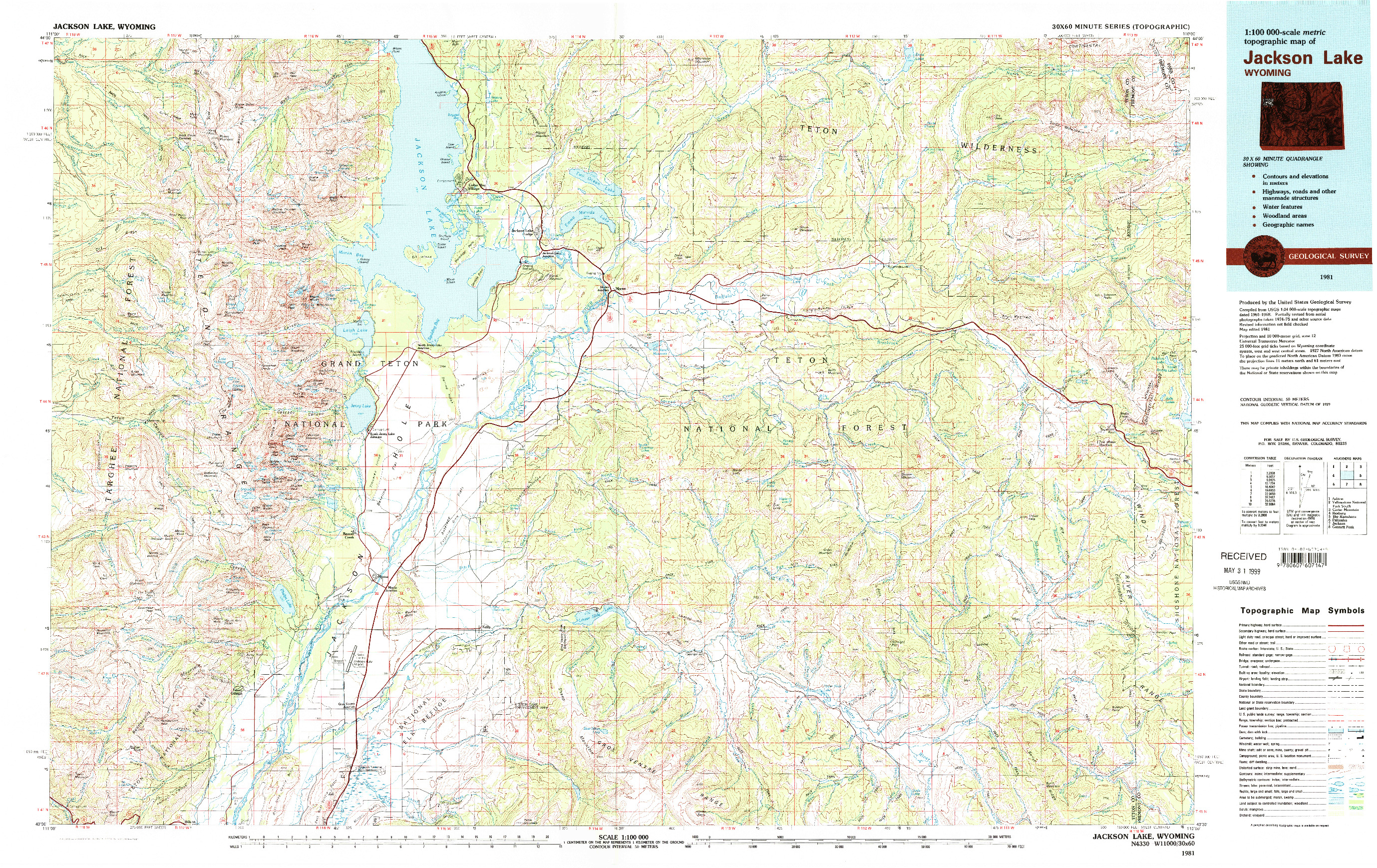 USGS 1:100000-SCALE QUADRANGLE FOR JACKSON LAKE, WY 1981