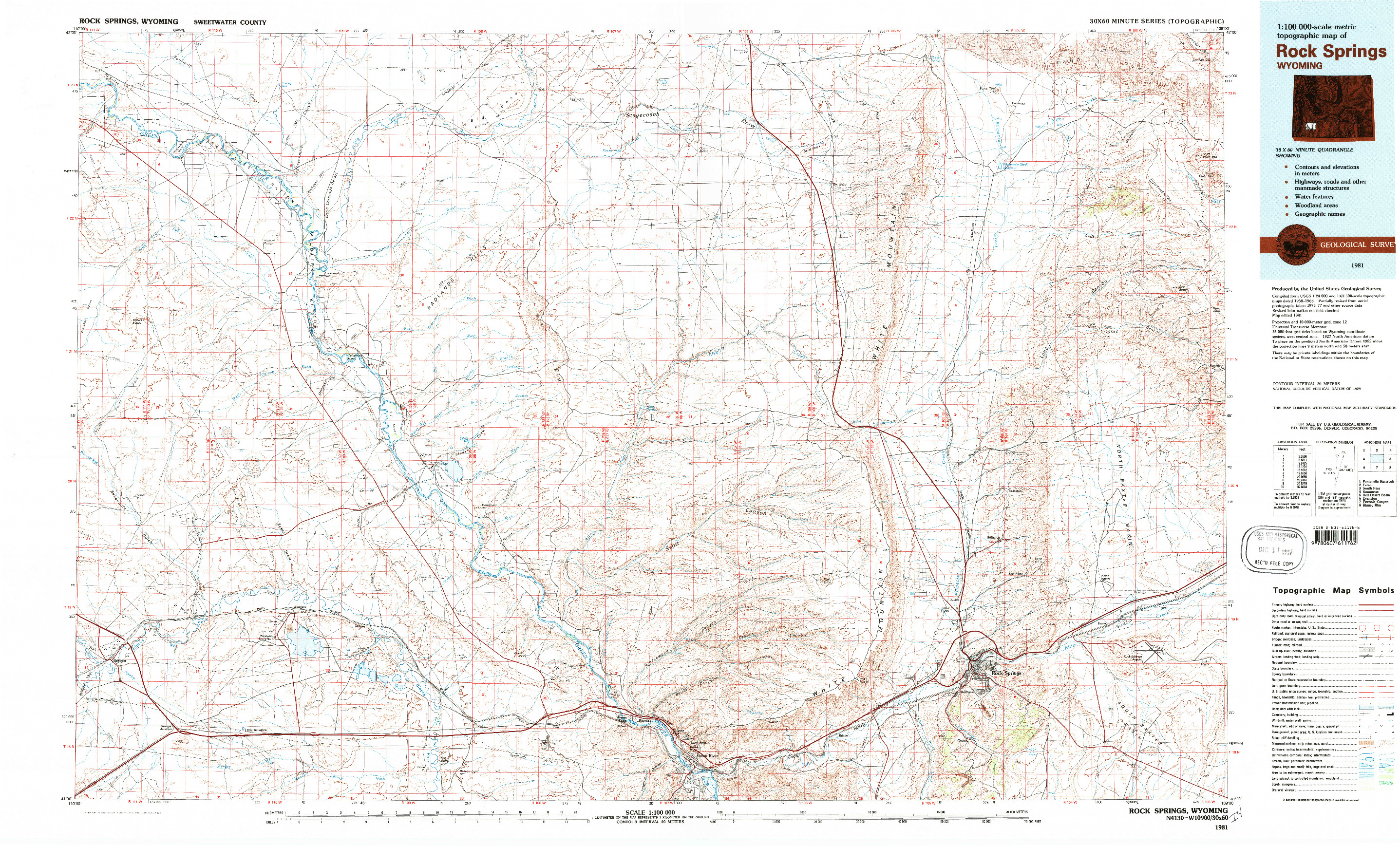 USGS 1:100000-SCALE QUADRANGLE FOR ROCK SPRINGS, WY 1981