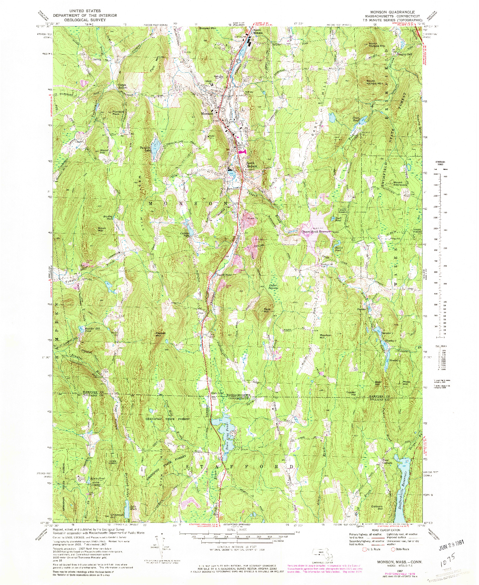 USGS 1:24000-SCALE QUADRANGLE FOR MONSON, MA 1967