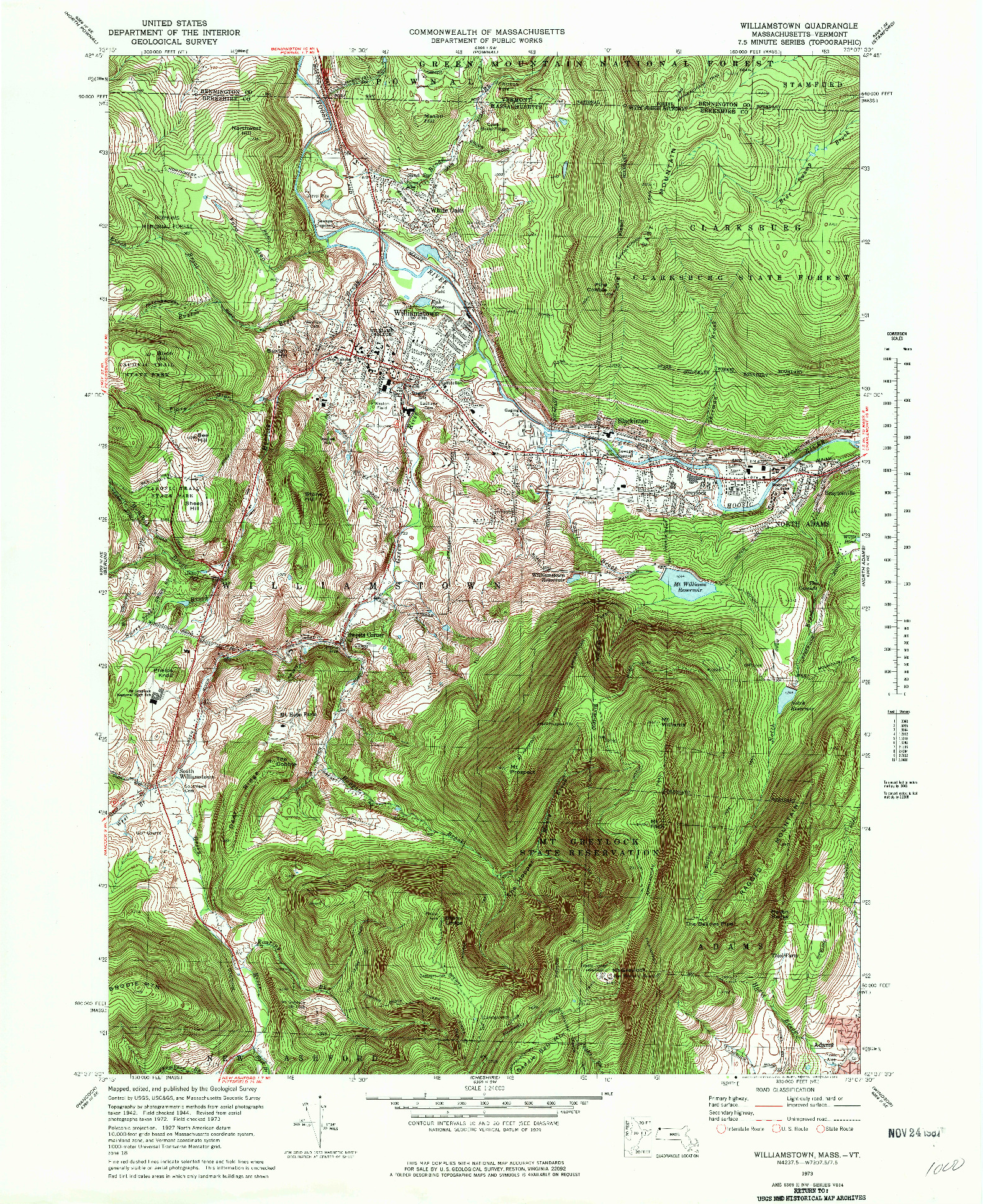USGS 1:24000-SCALE QUADRANGLE FOR WILLIAMSTOWN, MA 1973