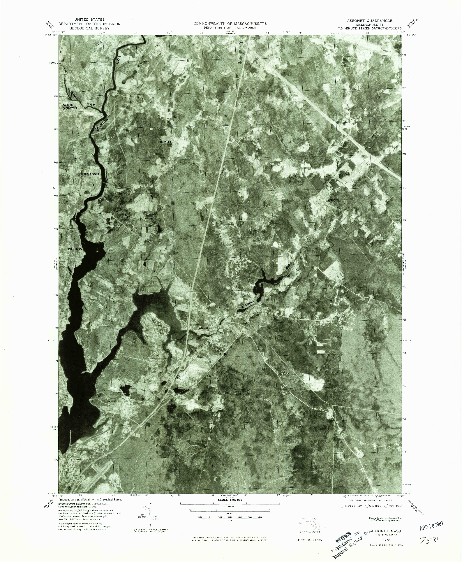 USGS 1:25000-SCALE QUADRANGLE FOR ASSONET, MA 1977