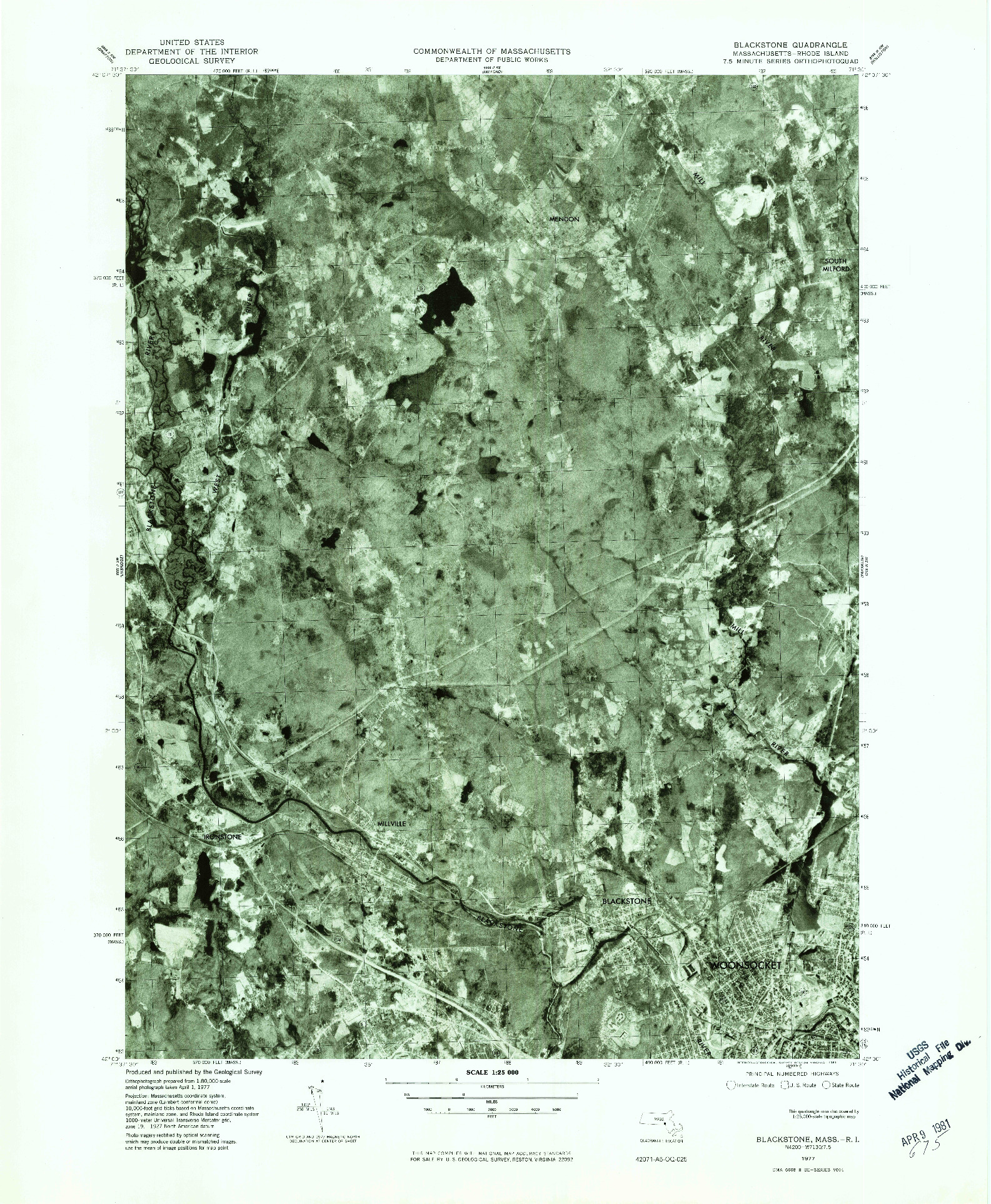 USGS 1:25000-SCALE QUADRANGLE FOR BLACKSTONE, MA 1977