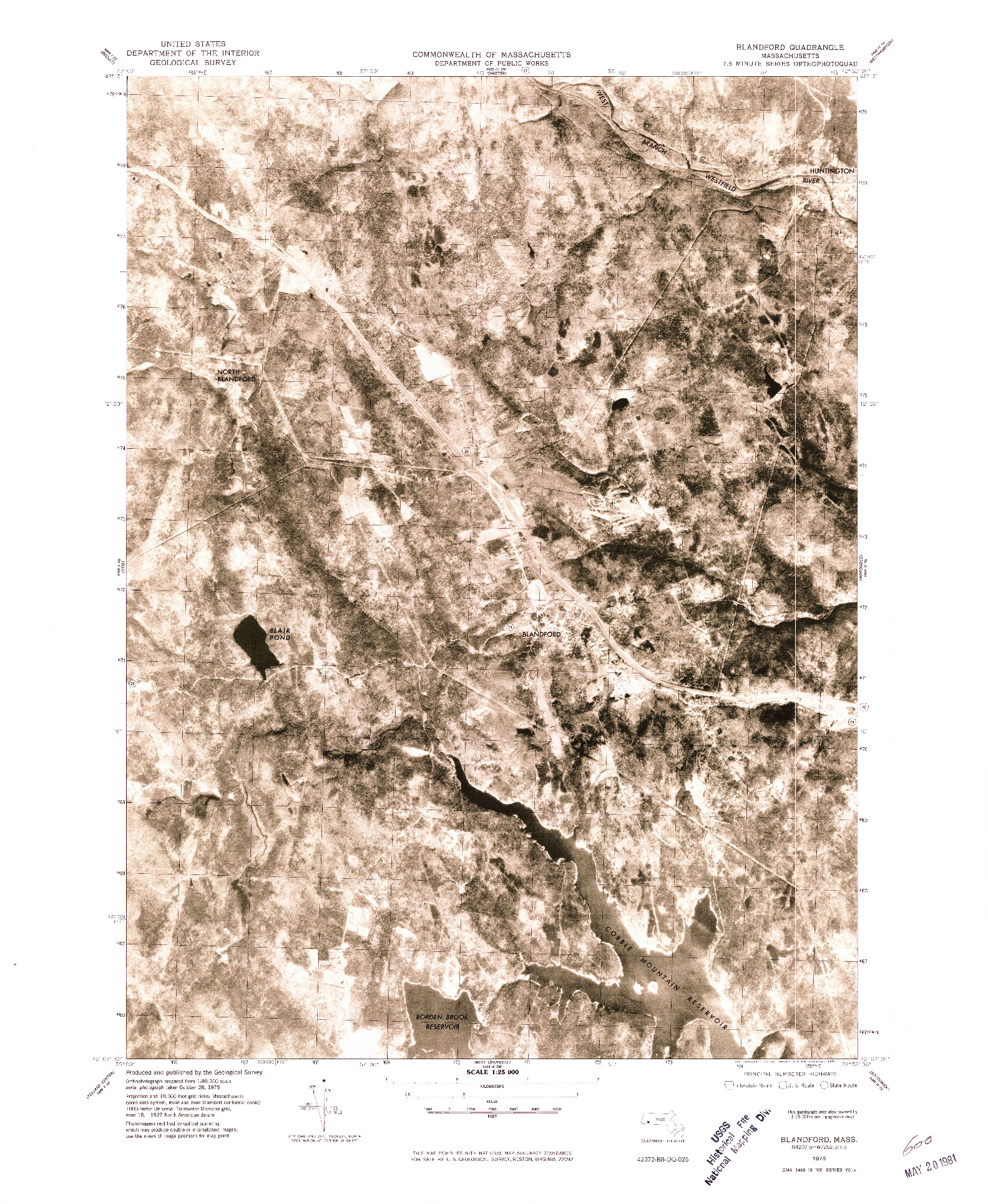 USGS 1:25000-SCALE QUADRANGLE FOR BLANDFORD, MA 1975