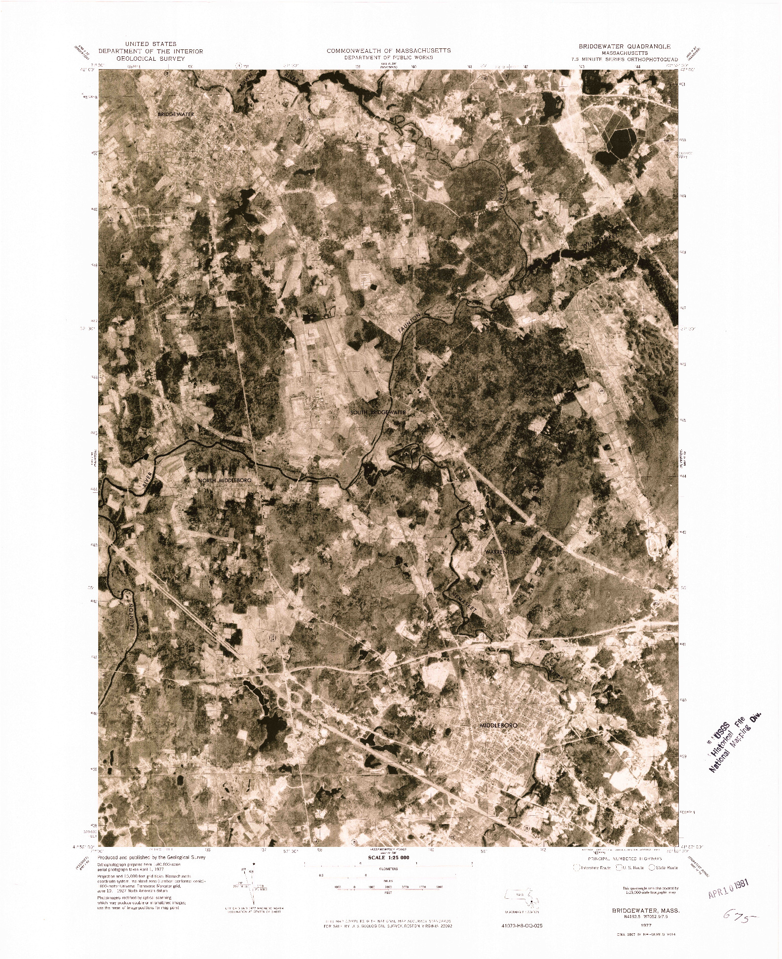 USGS 1:25000-SCALE QUADRANGLE FOR BRIDGEWATER, MA 1977