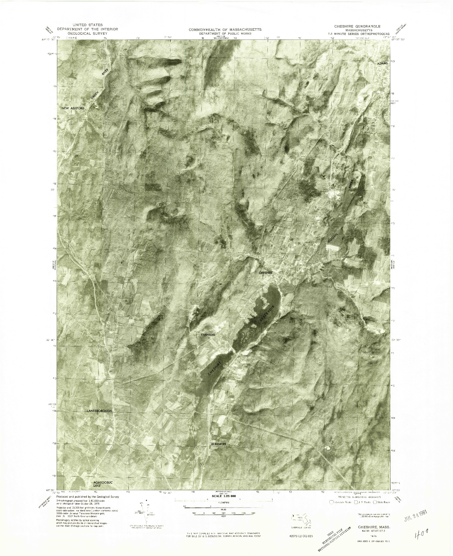 USGS 1:25000-SCALE QUADRANGLE FOR CHESHIRE, MA 1975