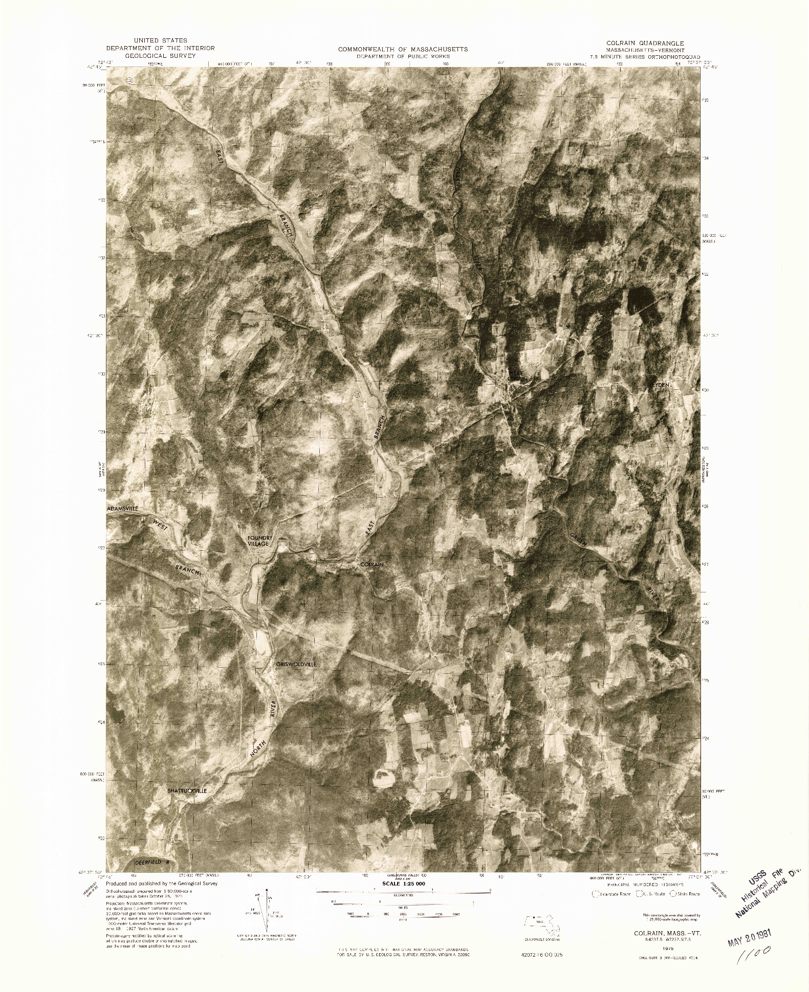 USGS 1:25000-SCALE QUADRANGLE FOR COLRAIN, MA 1975