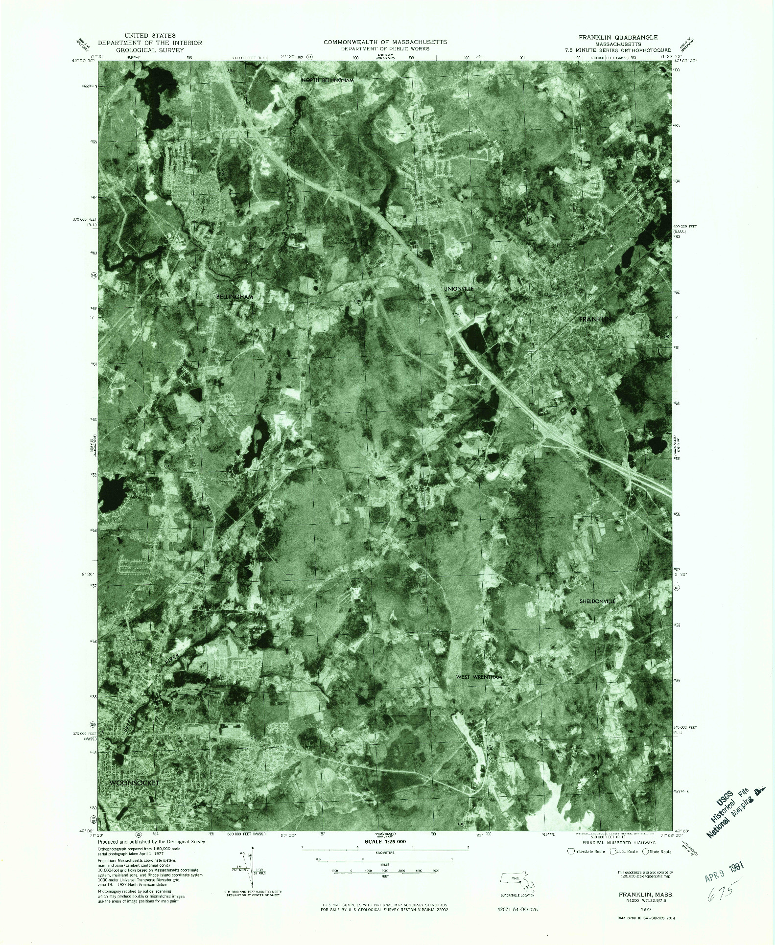 USGS 1:25000-SCALE QUADRANGLE FOR FRANKLIN, MA 1977