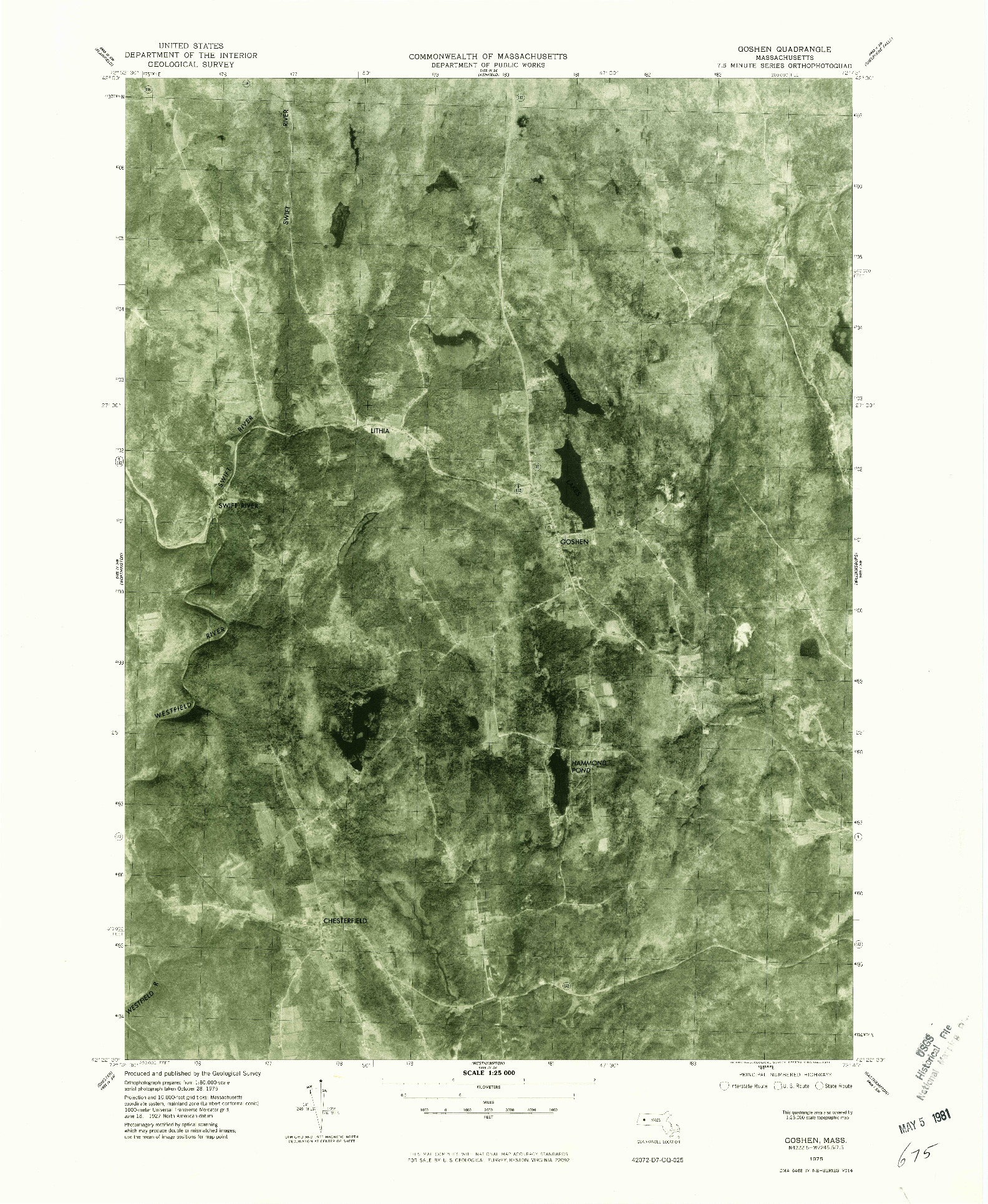USGS 1:25000-SCALE QUADRANGLE FOR GOSHEN, MA 1975