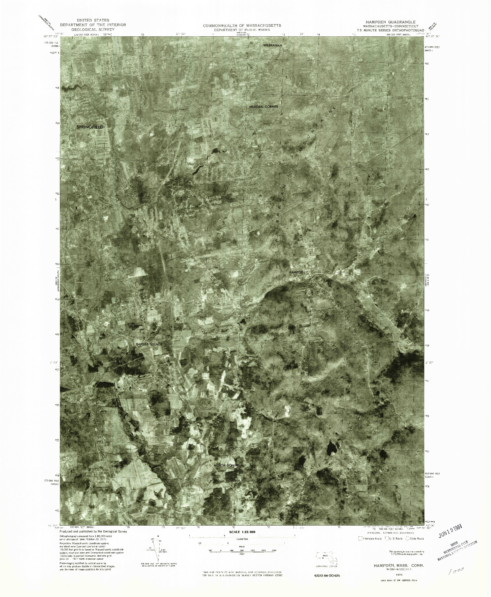 USGS 1:25000-SCALE QUADRANGLE FOR HAMPDEN, MA 1975