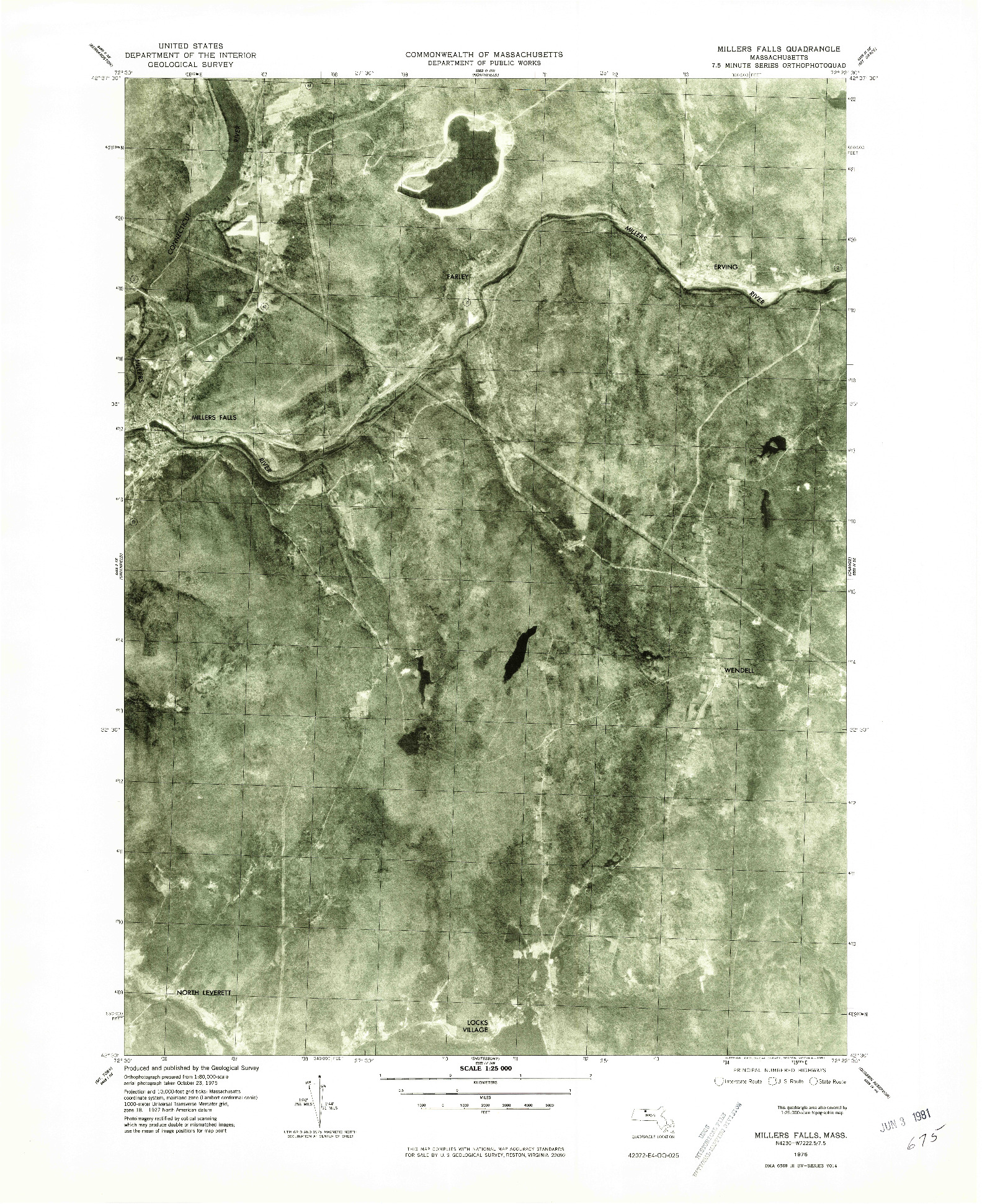 USGS 1:25000-SCALE QUADRANGLE FOR MILLERS FALLS, MA 1975