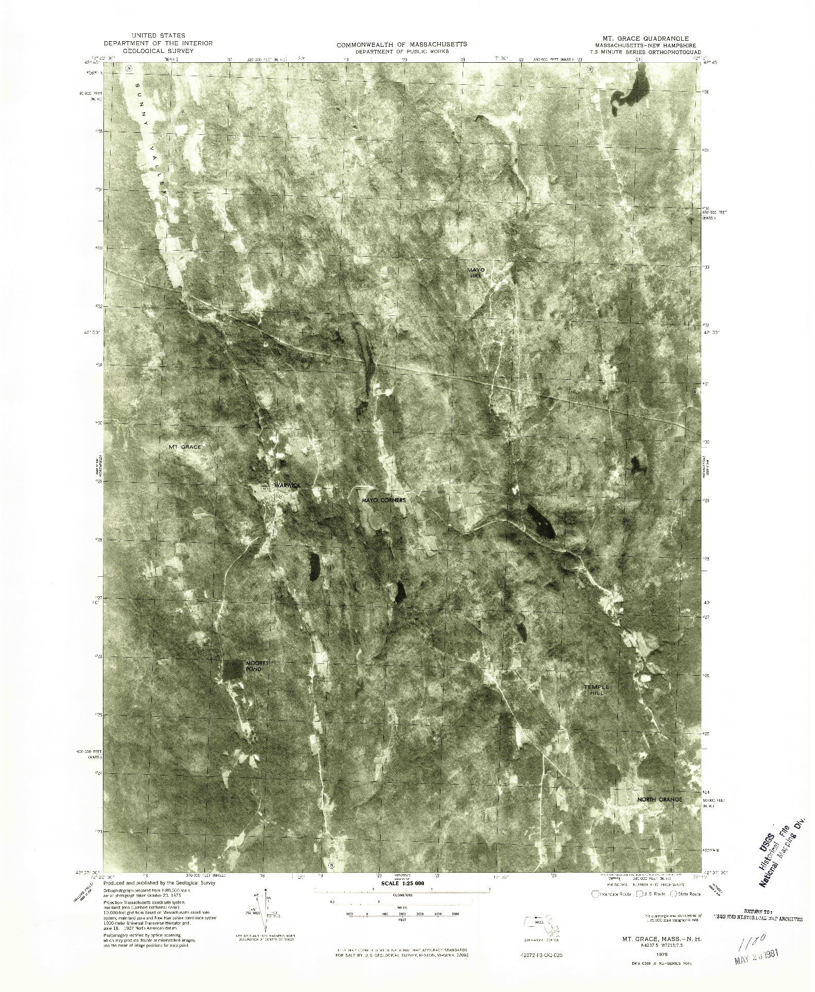 USGS 1:25000-SCALE QUADRANGLE FOR MT GRACE, MA 1975