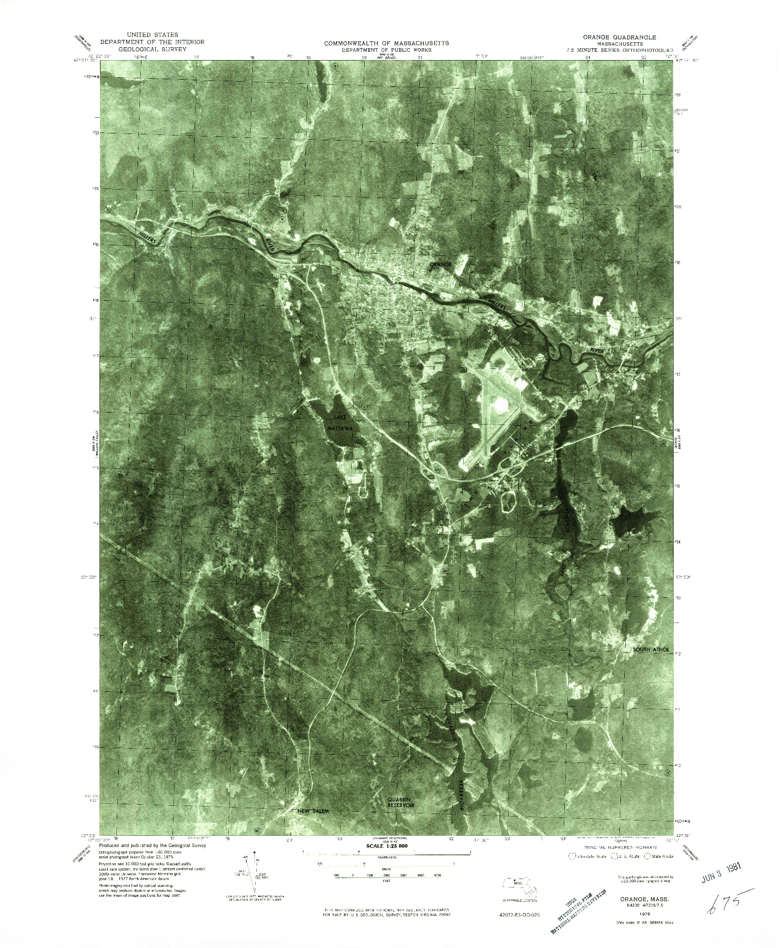 USGS 1:25000-SCALE QUADRANGLE FOR ORANGE, MA 1975