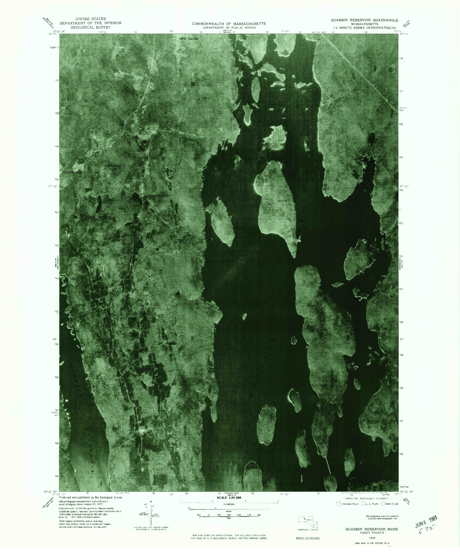 USGS 1:25000-SCALE QUADRANGLE FOR QUABBIN RESERVOIR, MA 1975