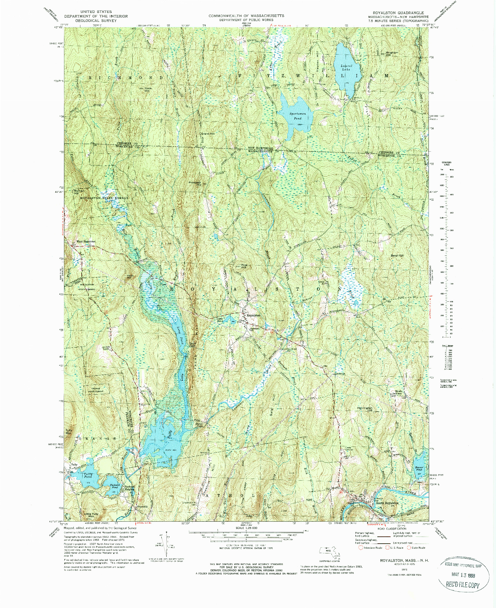 USGS 1:25000-SCALE QUADRANGLE FOR ROYALSTON, MA 1971