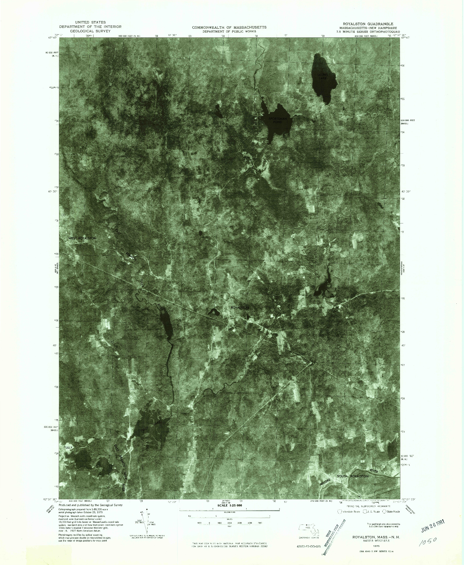 USGS 1:25000-SCALE QUADRANGLE FOR ROYALSTON, MA 1975