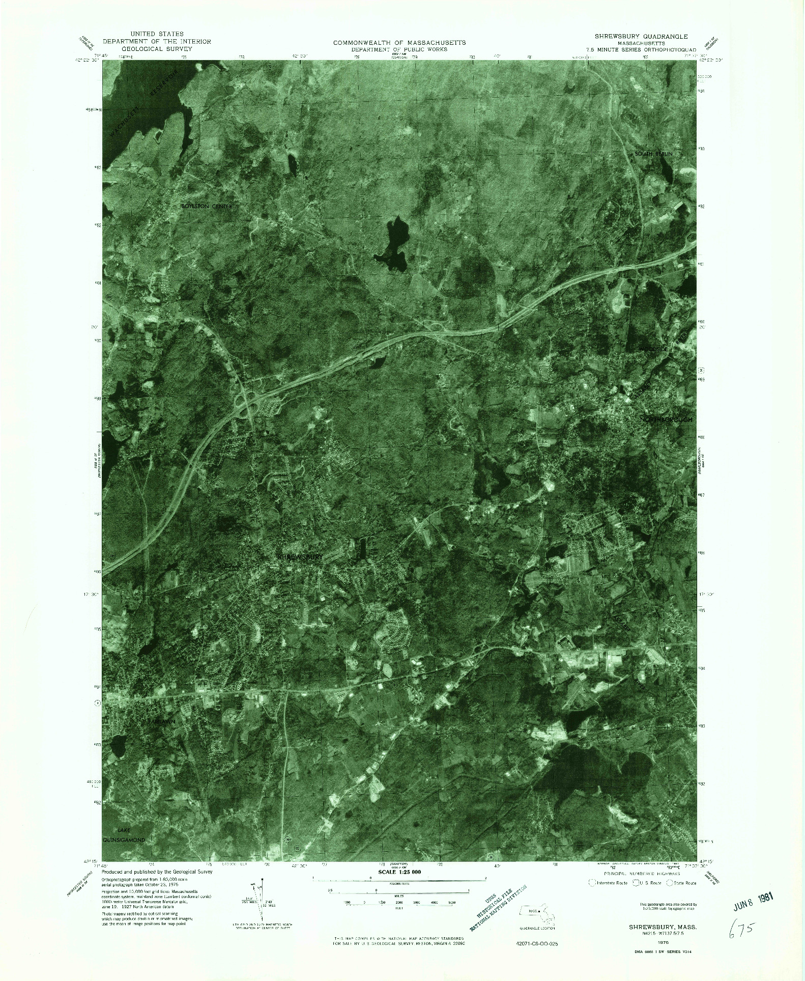 USGS 1:25000-SCALE QUADRANGLE FOR SHREWSBURY, MA 1975