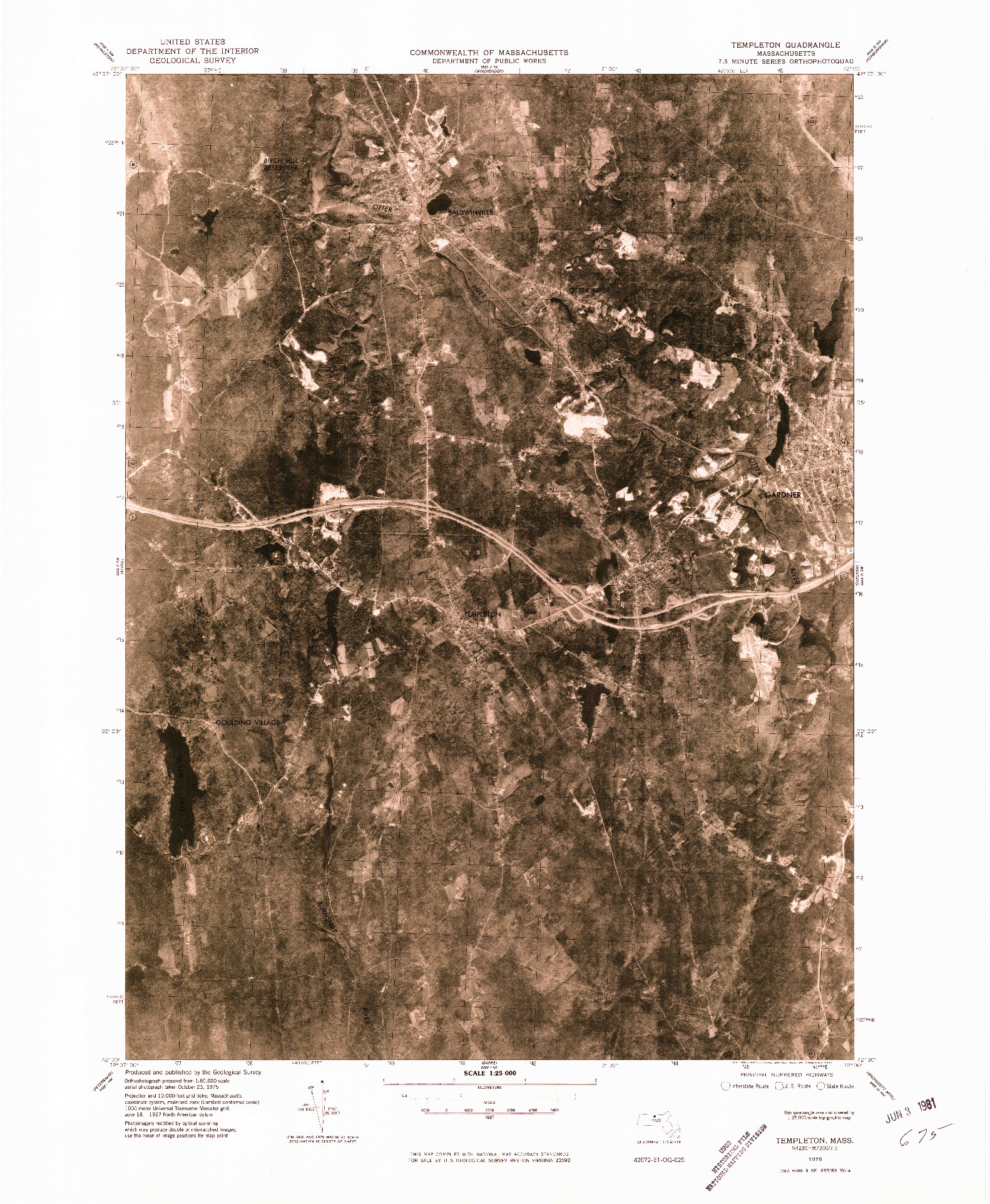 USGS 1:25000-SCALE QUADRANGLE FOR TEMPLETON, MA 1975