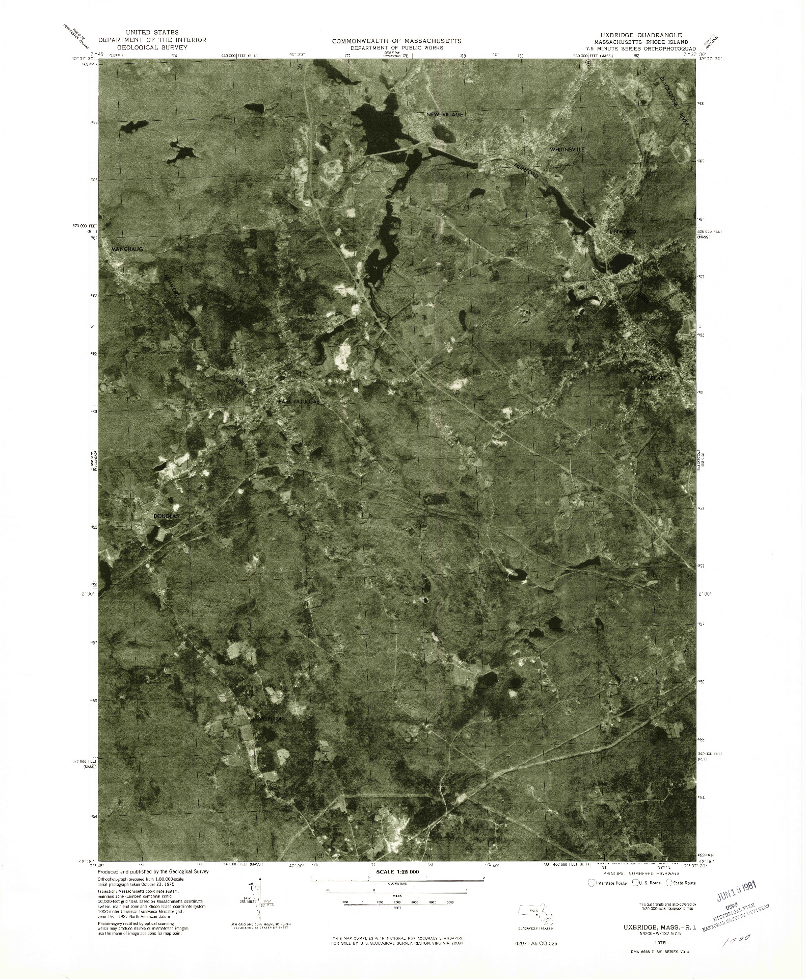 USGS 1:25000-SCALE QUADRANGLE FOR UXBRIDGE, MA 1975