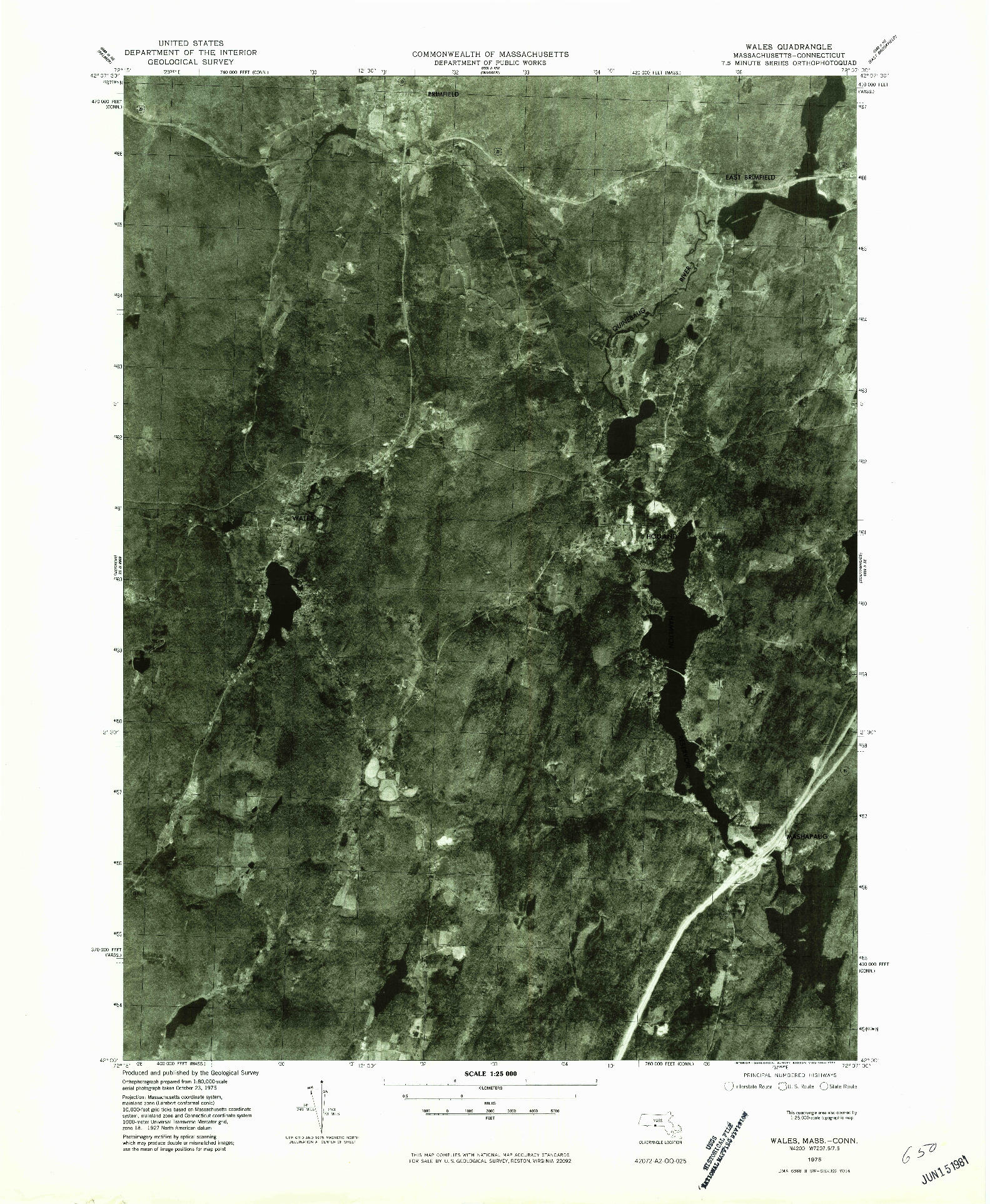 USGS 1:25000-SCALE QUADRANGLE FOR WALES, MA 1975