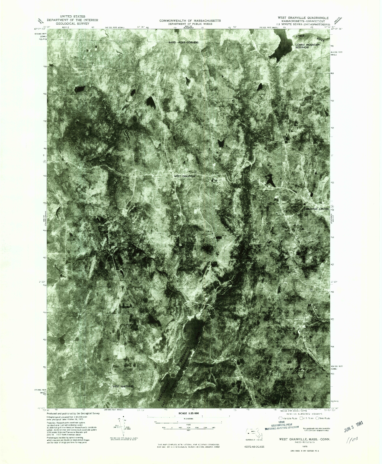 USGS 1:25000-SCALE QUADRANGLE FOR WEST GRANVILLE, MA 1975