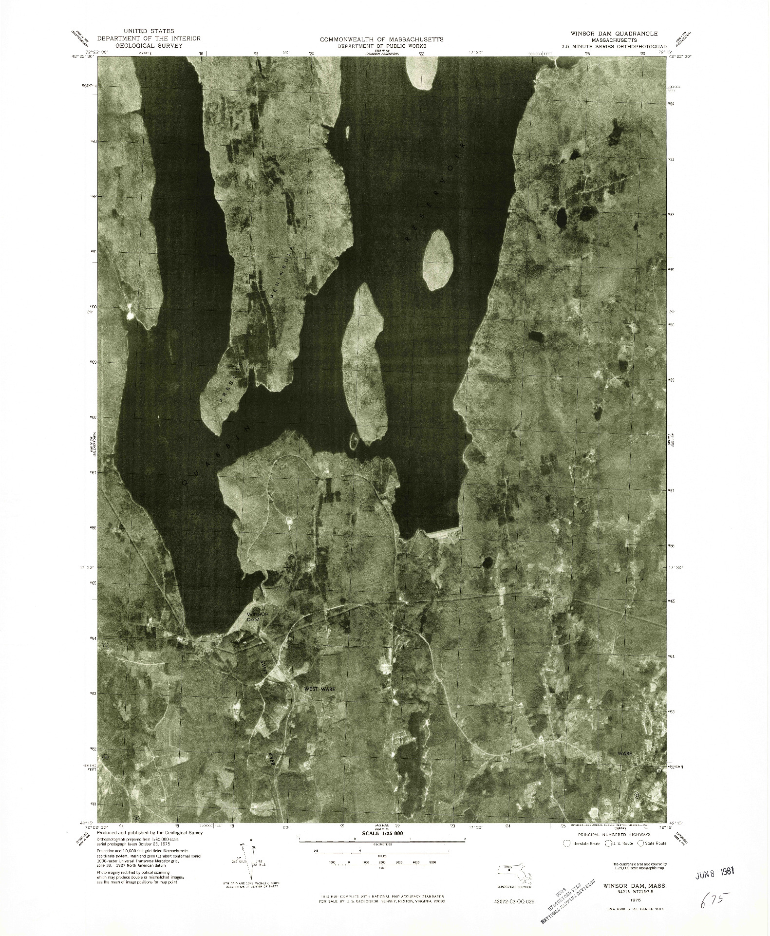 USGS 1:25000-SCALE QUADRANGLE FOR WINSOR DAM, MA 1975