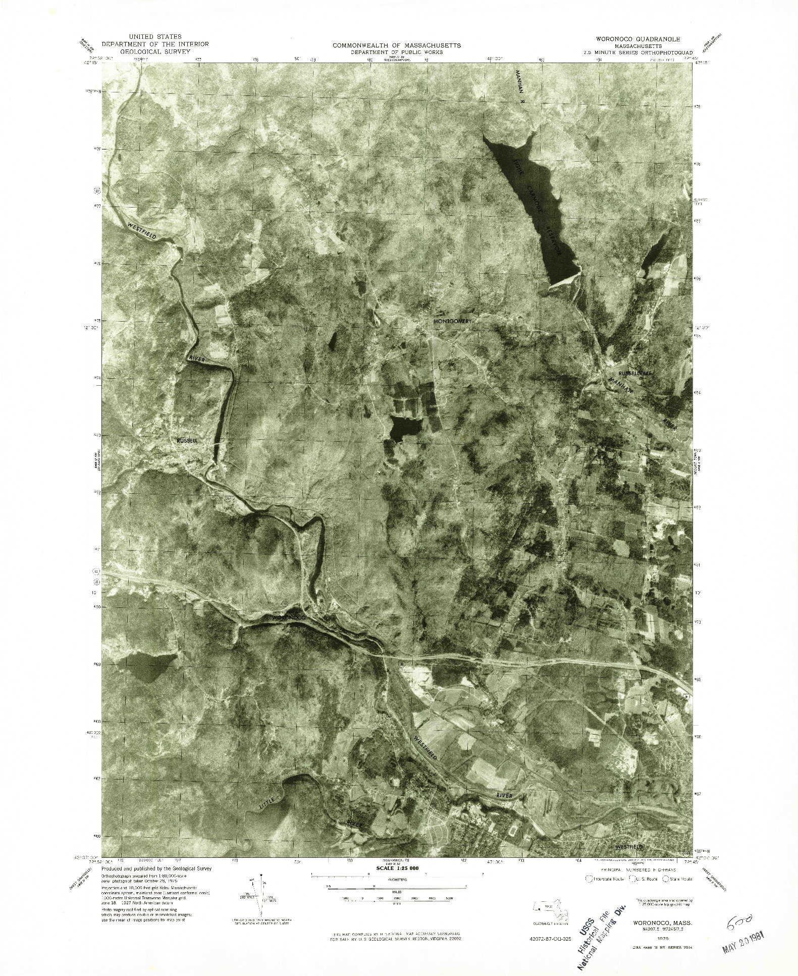 USGS 1:25000-SCALE QUADRANGLE FOR WORONOCO, MA 1975