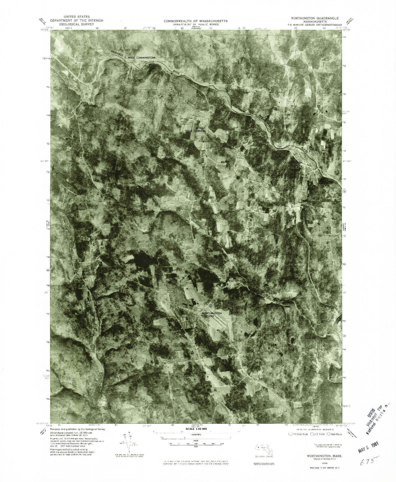 USGS 1:25000-SCALE QUADRANGLE FOR WORTHINGTON, MA 1975