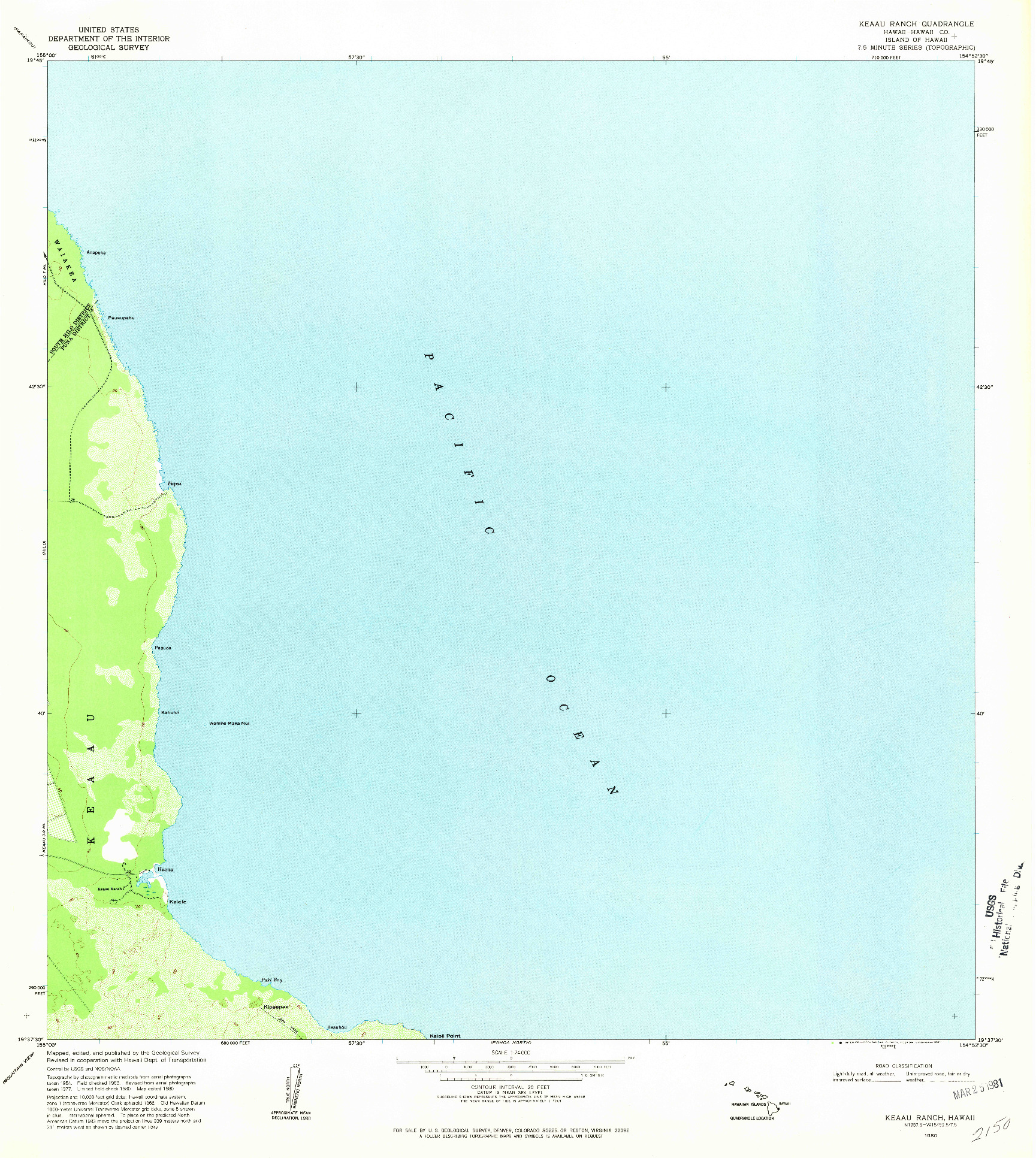 USGS 1:24000-SCALE QUADRANGLE FOR KEAAU RANCH, HI 1980