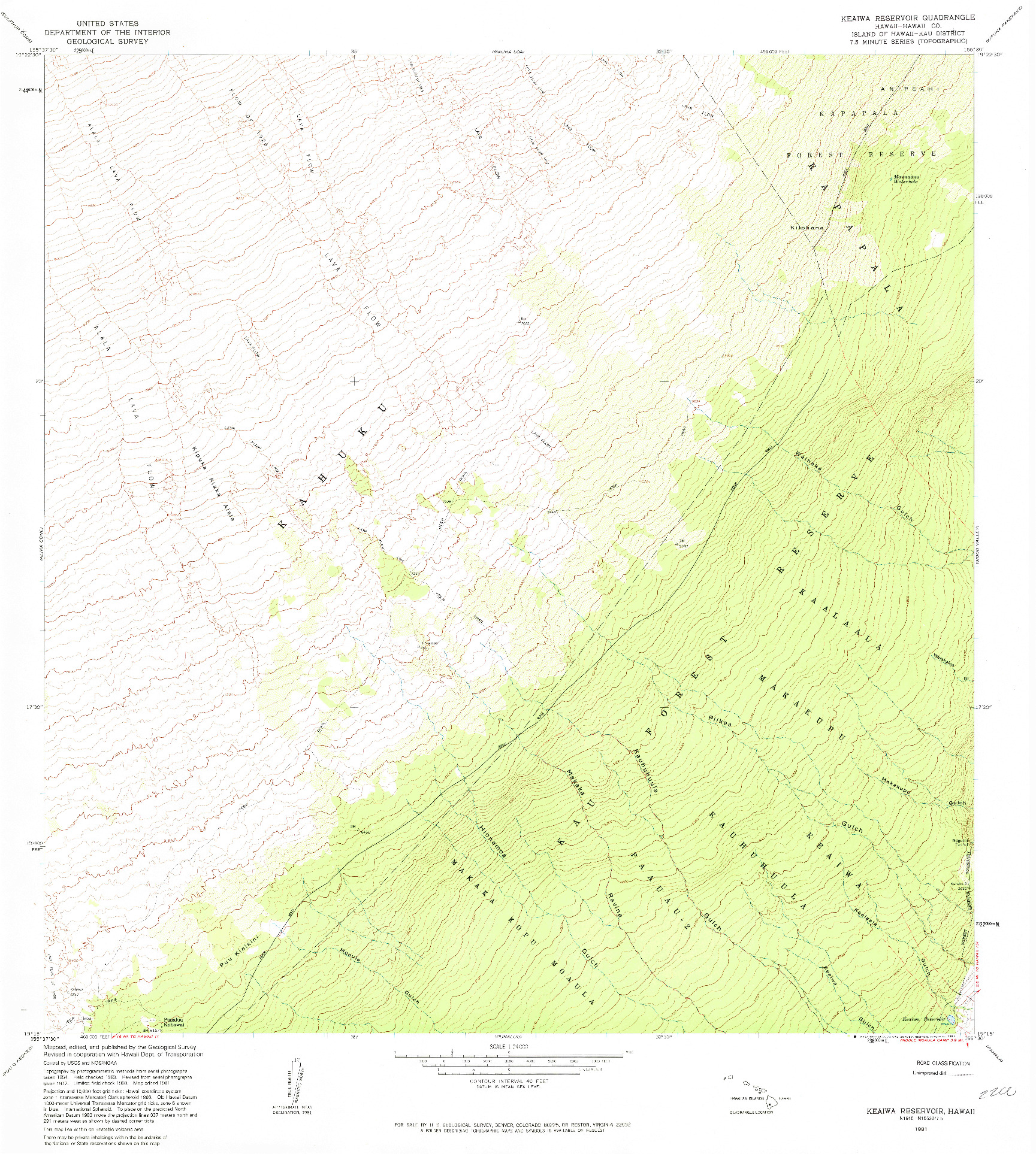 USGS 1:24000-SCALE QUADRANGLE FOR KEAIWA RESERVOIR, HI 1981