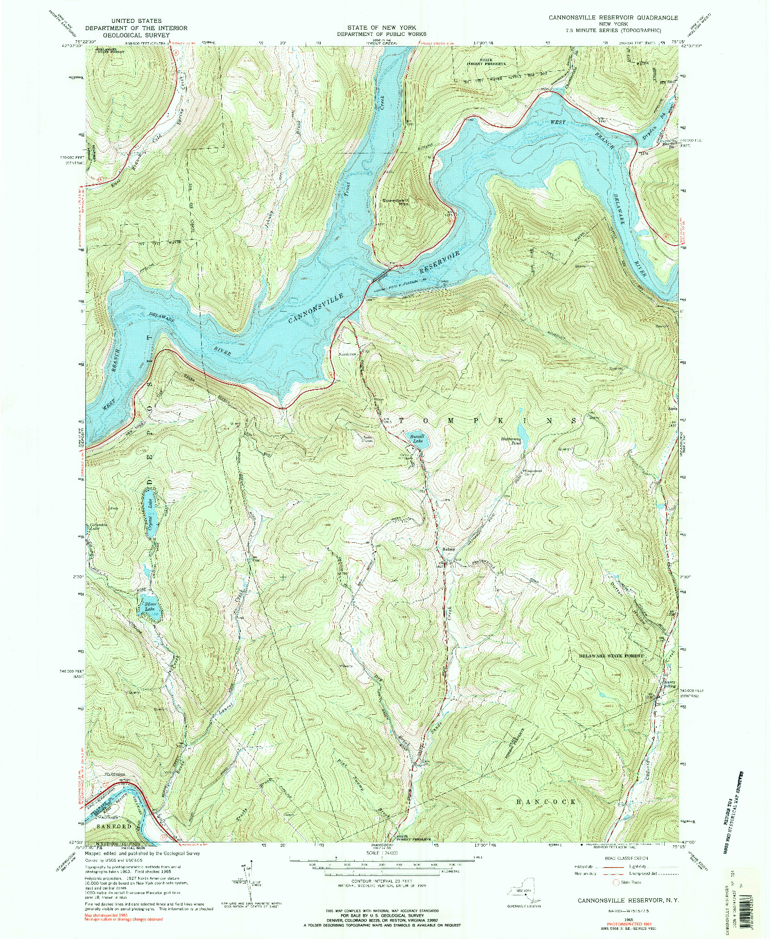 USGS 1:24000-SCALE QUADRANGLE FOR CANNONSVILLE RESERVOIR, NY 1965