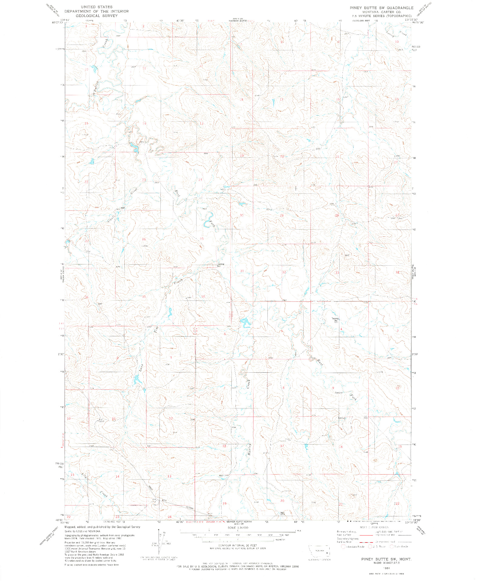 USGS 1:24000-SCALE QUADRANGLE FOR PINEY BUTTE SW, MT 1981