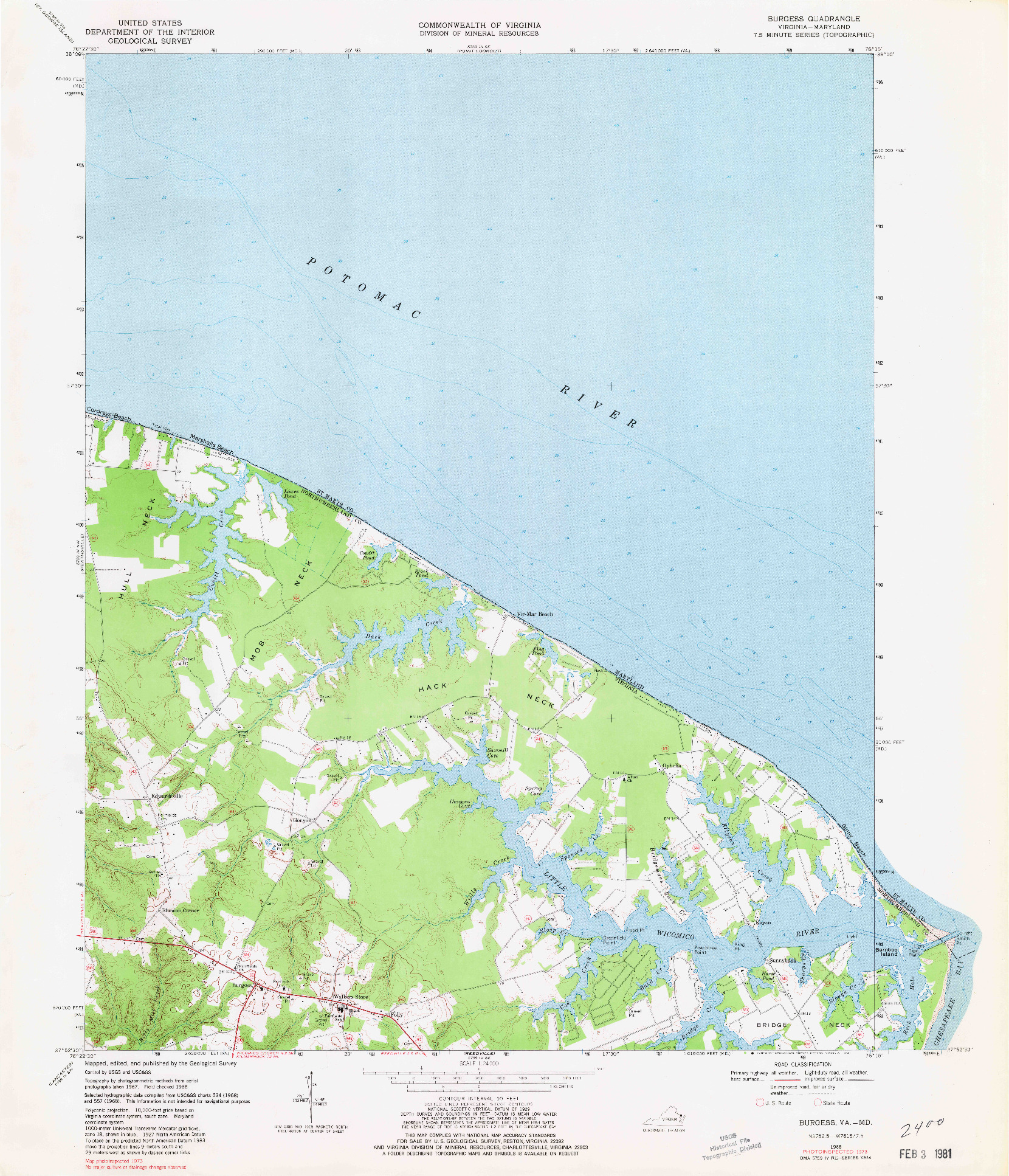 USGS 1:24000-SCALE QUADRANGLE FOR BURGESS, VA 1968