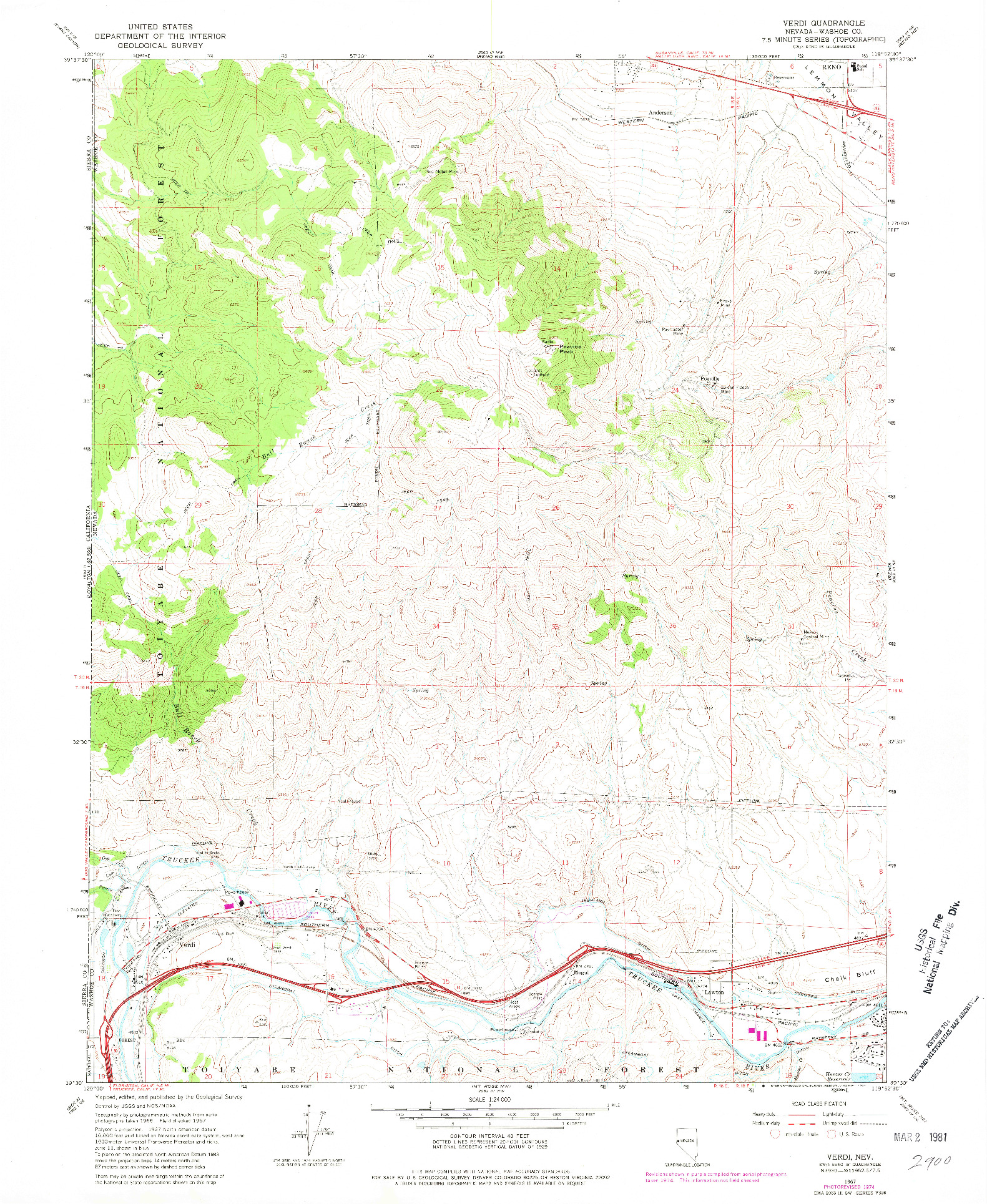 USGS 1:24000-SCALE QUADRANGLE FOR VERDI, NV 1967