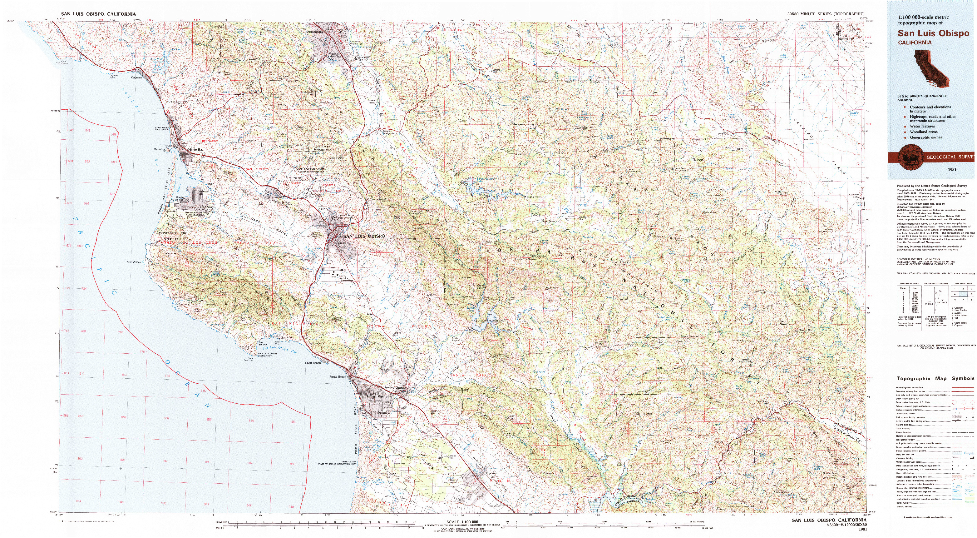 USGS 1:100000-SCALE QUADRANGLE FOR SAN LUIS OBISPO, CA 1981