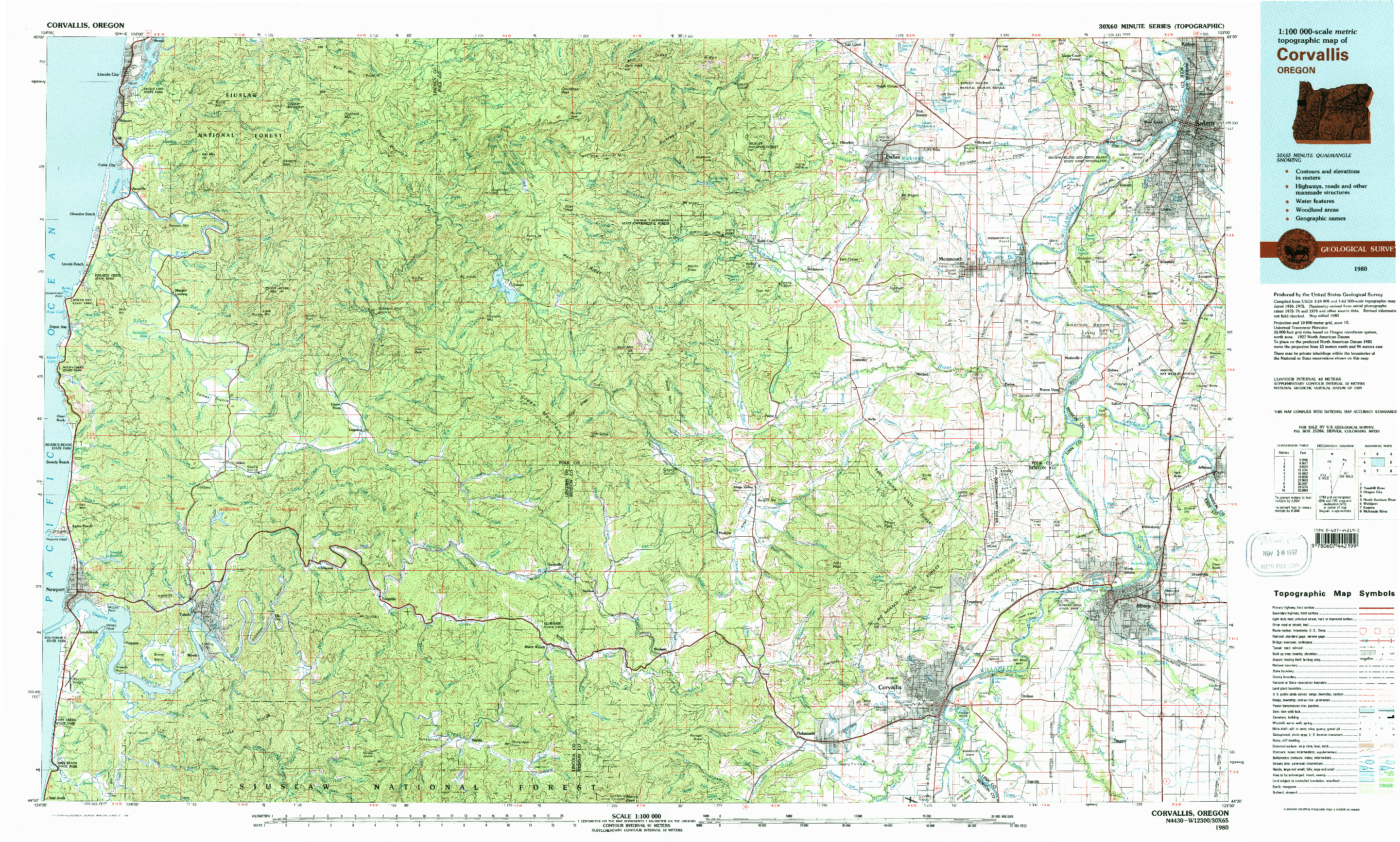 USGS 1:100000-SCALE QUADRANGLE FOR CORVALLIS, OR 1980