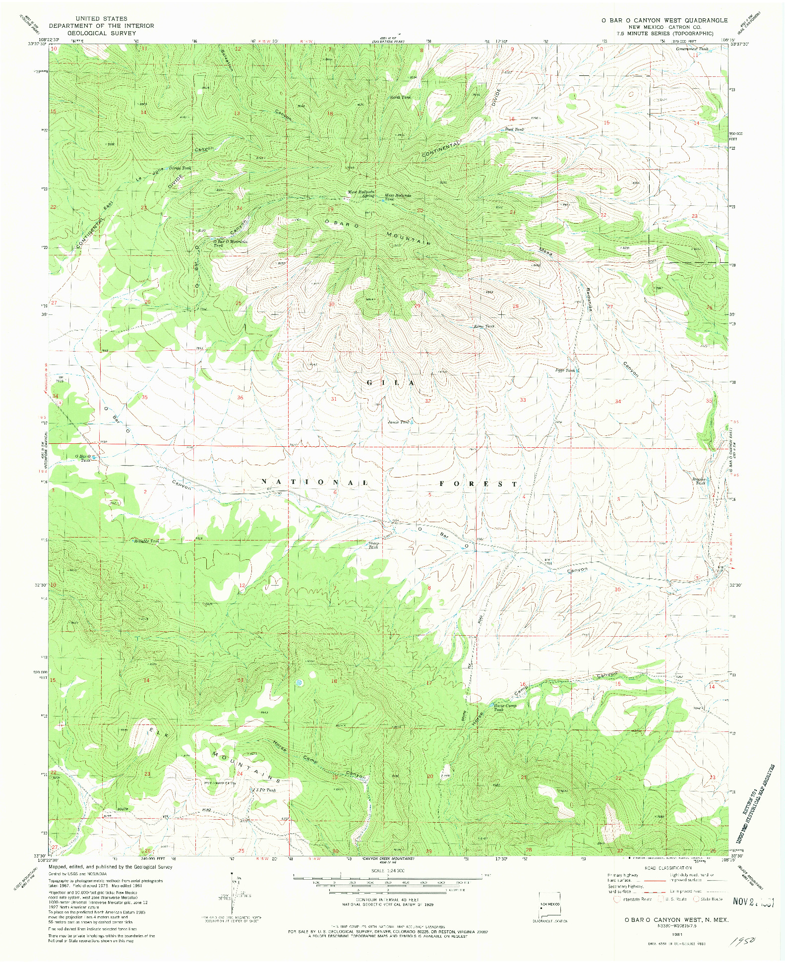 USGS 1:24000-SCALE QUADRANGLE FOR O BAR O CANYON WEST, NM 1981