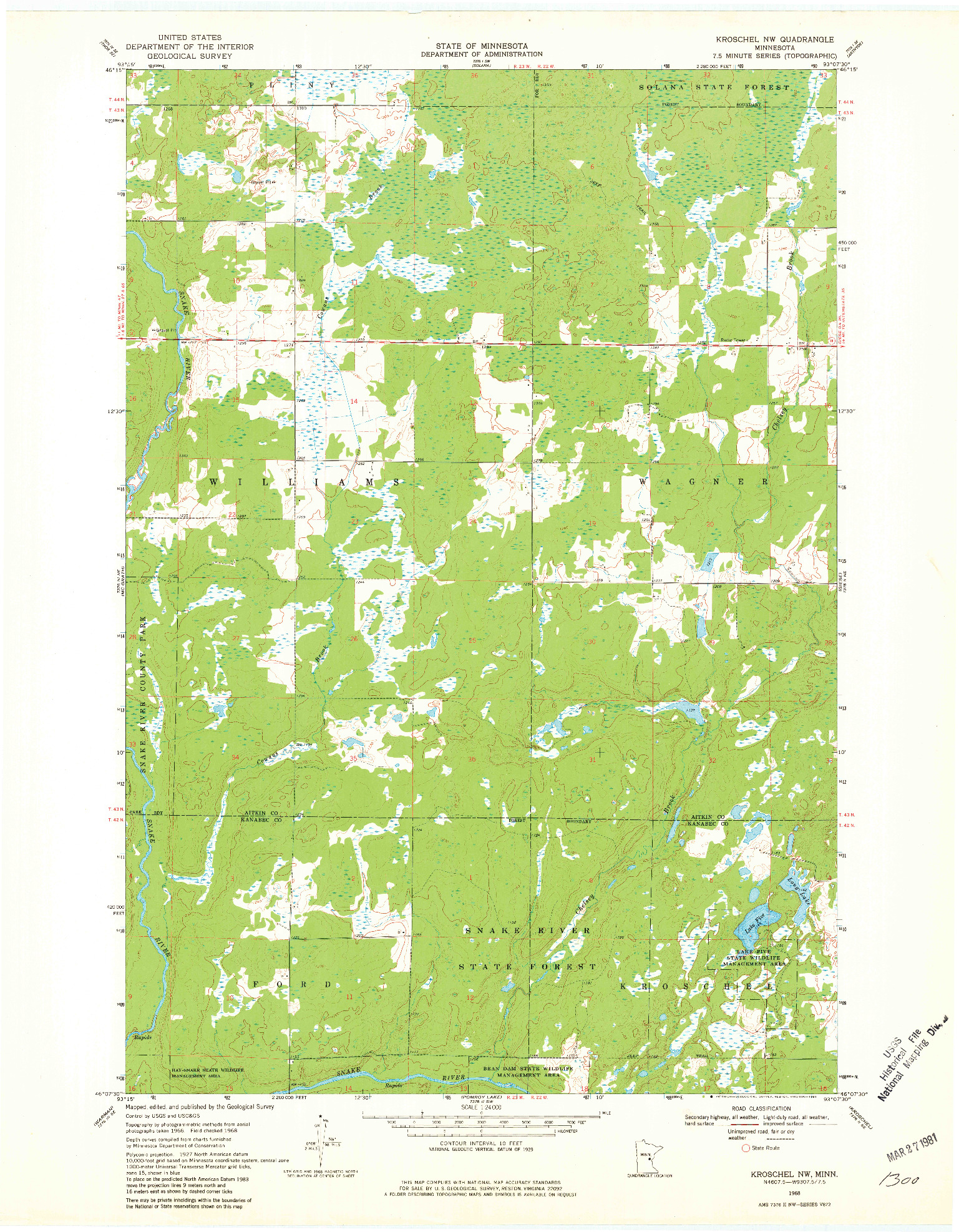 USGS 1:24000-SCALE QUADRANGLE FOR KROSCHEL NW, MN 1968