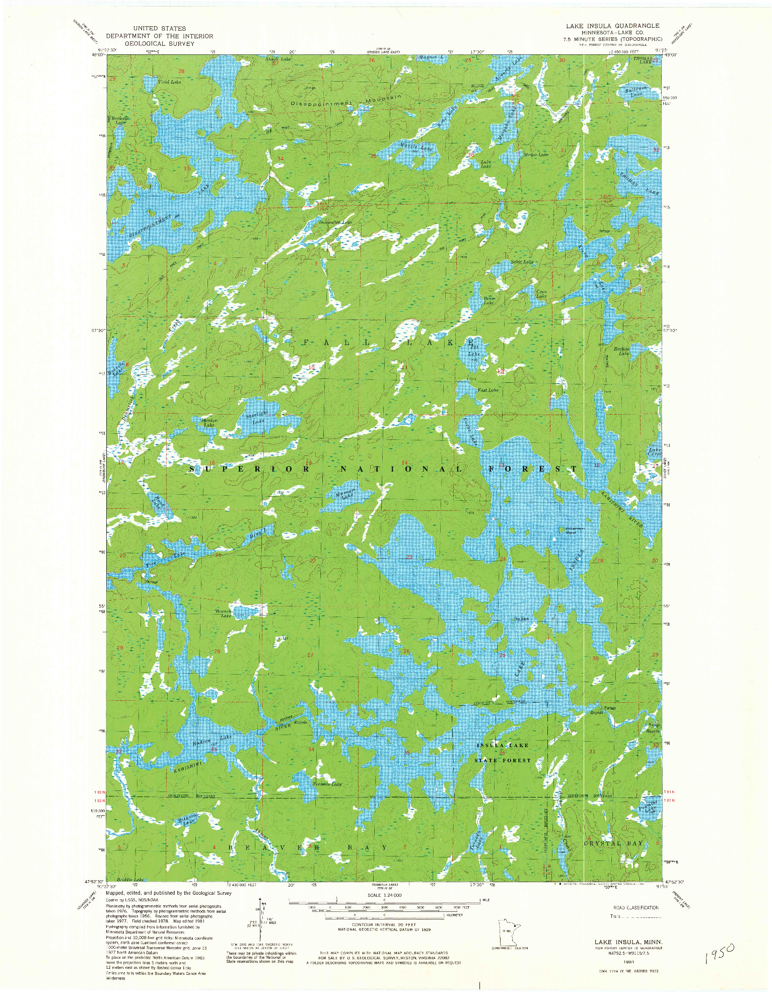 USGS 1:24000-SCALE QUADRANGLE FOR LAKE INSULA, MN 1981