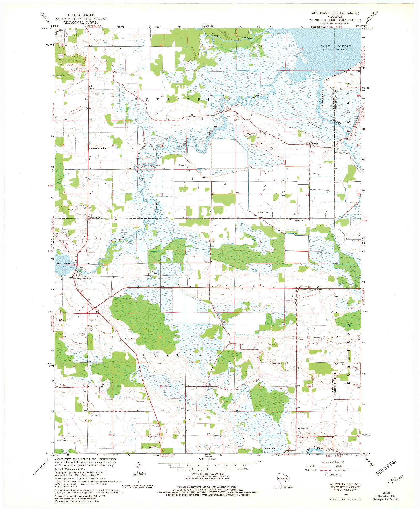 USGS 1:24000-SCALE QUADRANGLE FOR AURORAVILLE, WI 1961