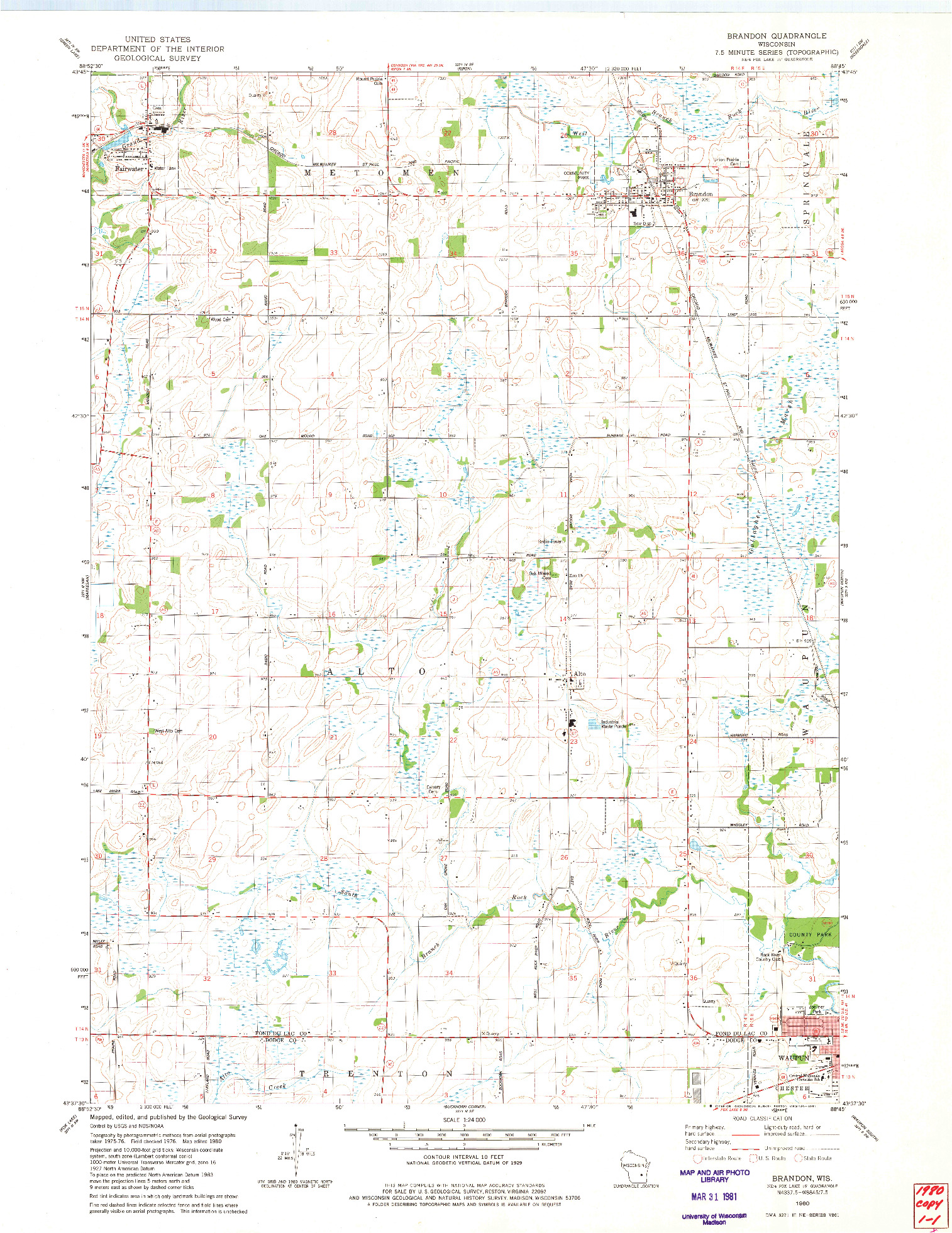 USGS 1:24000-SCALE QUADRANGLE FOR BRANDON, WI 1980