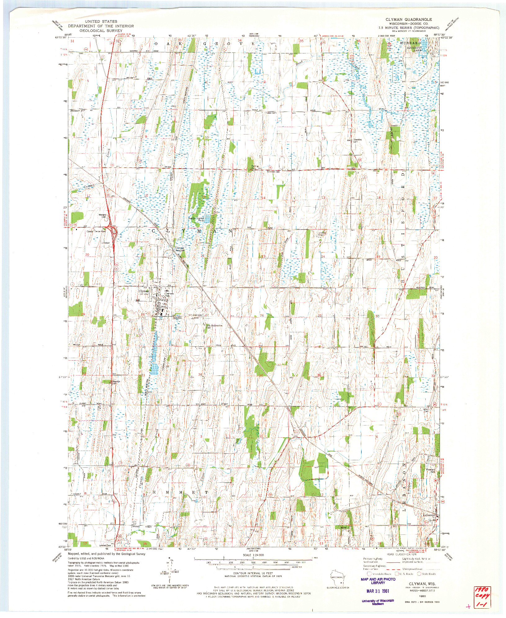 USGS 1:24000-SCALE QUADRANGLE FOR CLYMAN, WI 1980